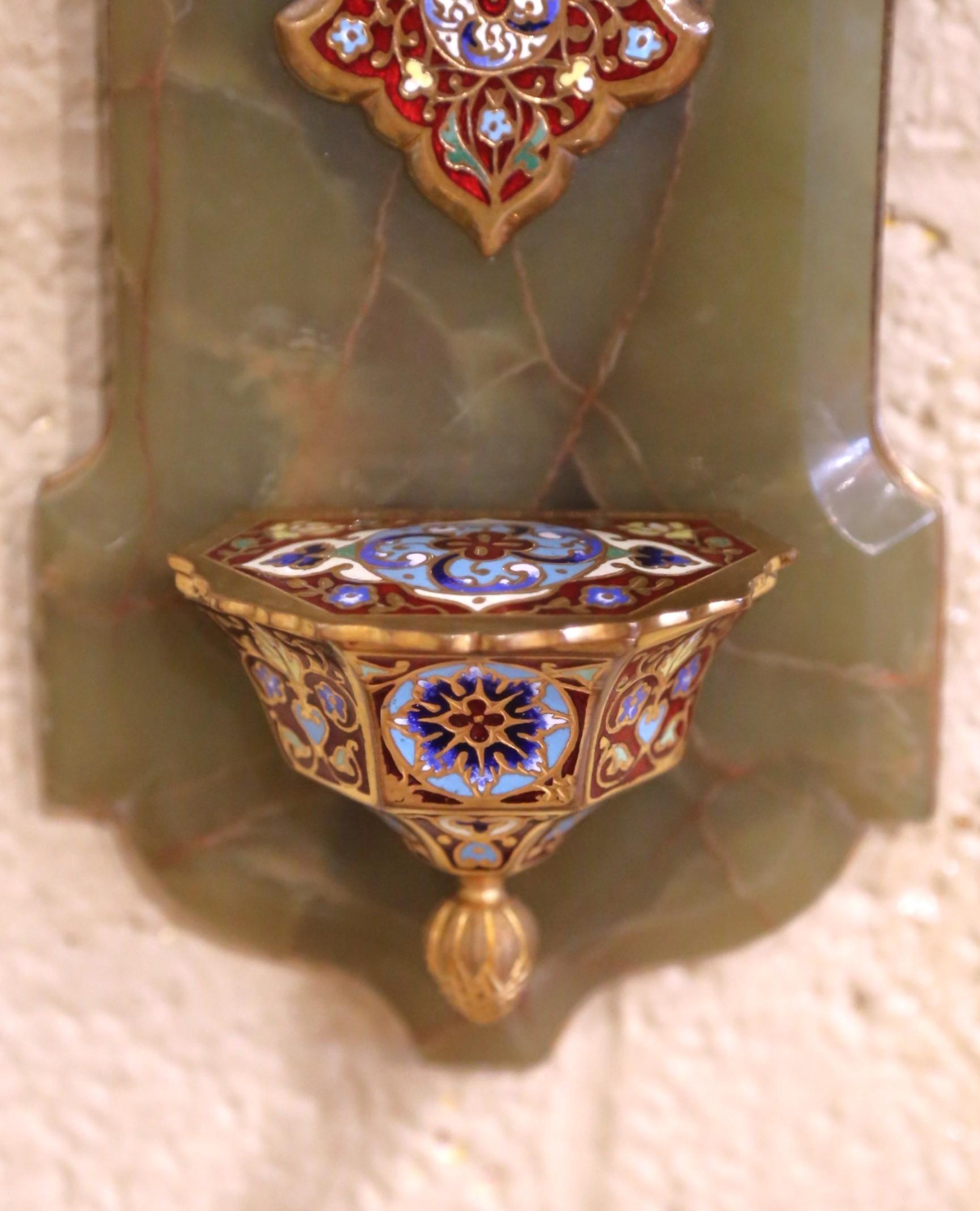 19th Century French Green Onyx and Cloisonné Enamel Holy Water Font Cross In Excellent Condition For Sale In Dallas, TX
