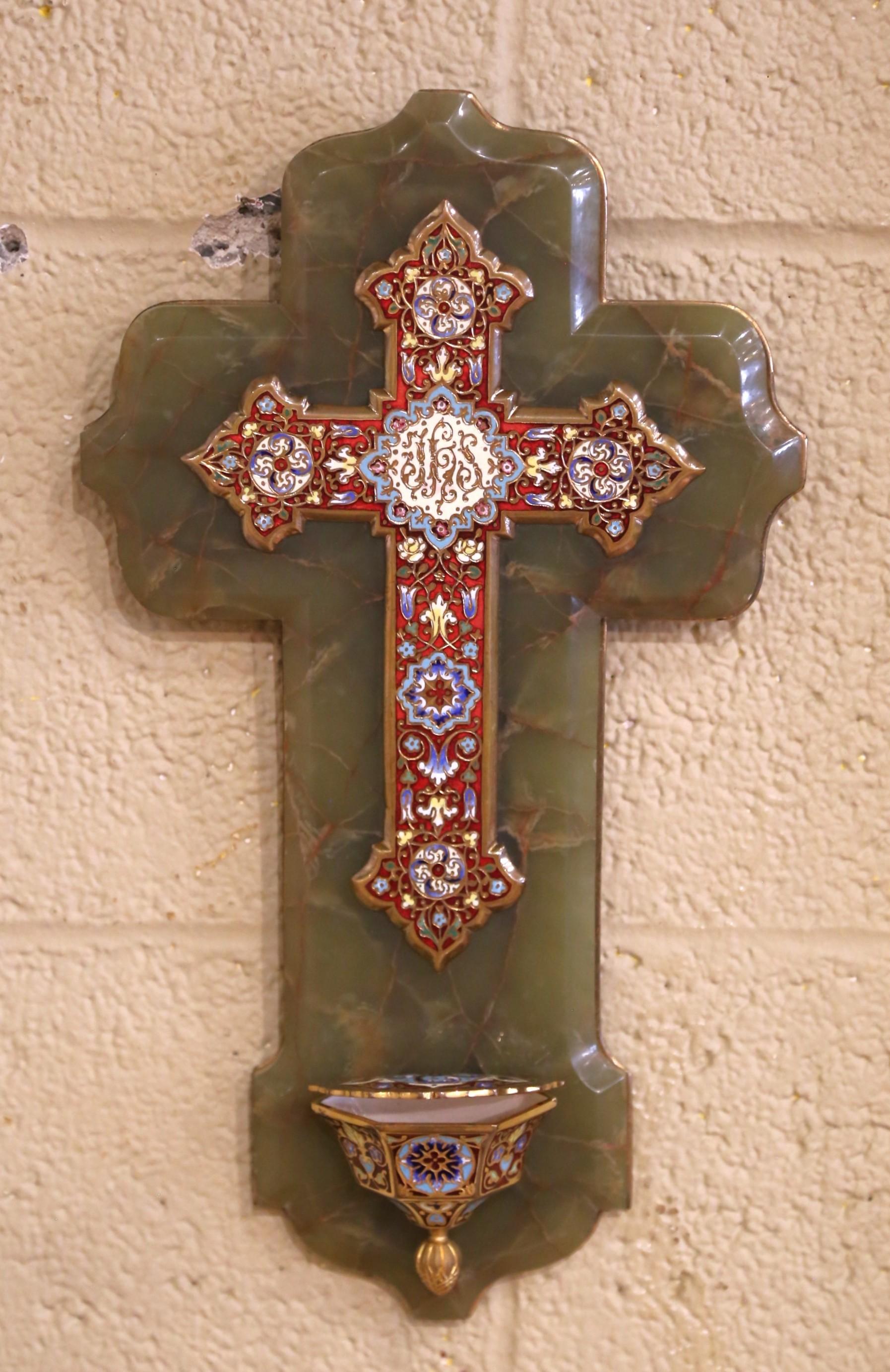 Brass 19th Century French Green Onyx and Cloisonné Enamel Holy Water Font Cross For Sale