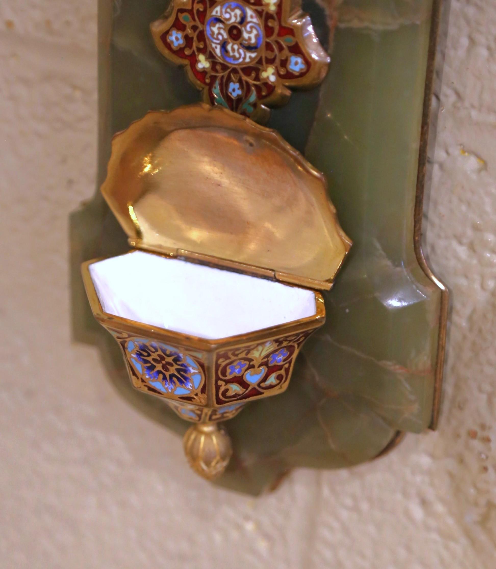 19th Century French Green Onyx and Cloisonné Enamel Holy Water Font Cross For Sale 1