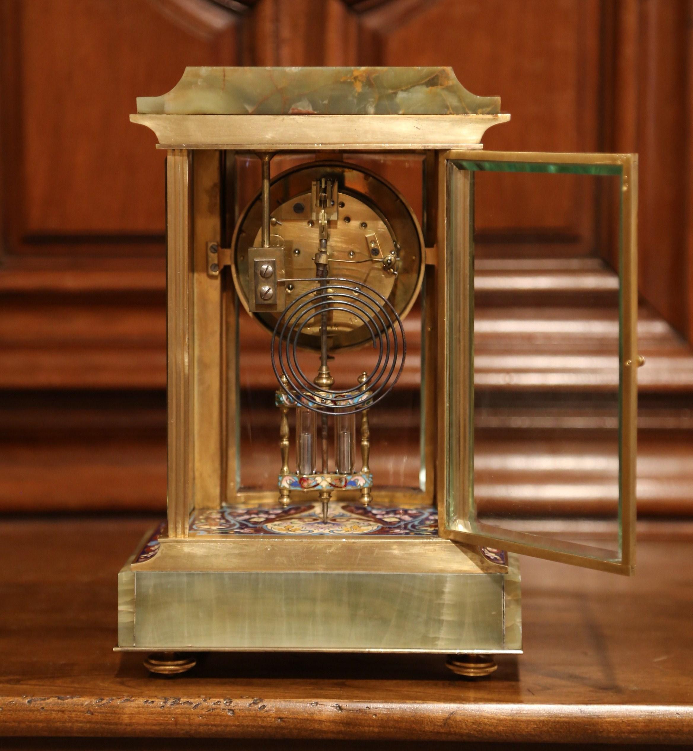 19th Century French Green Onyx Gilt Bronze, Champleve Enamel Mantel Clock 6