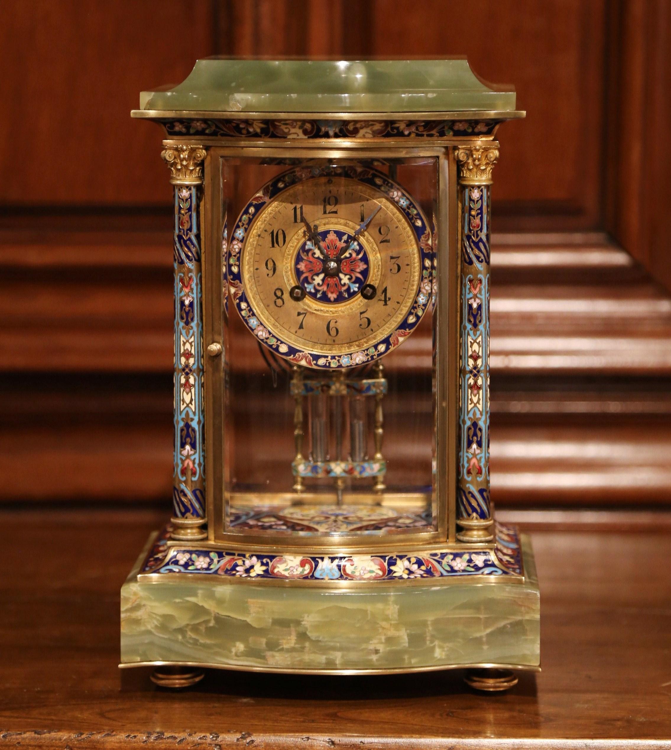 19th Century French Green Onyx Gilt Bronze, Champleve Enamel Mantel Clock In Excellent Condition In Dallas, TX