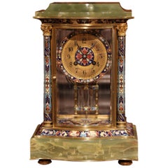 Antique 19th Century French Green Onyx Gilt Bronze, Champleve Enamel Mantel Clock