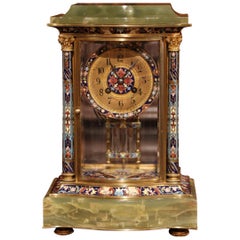 19th Century French Green Onyx Gilt Bronze, Champleve Enamel Mantel Clock