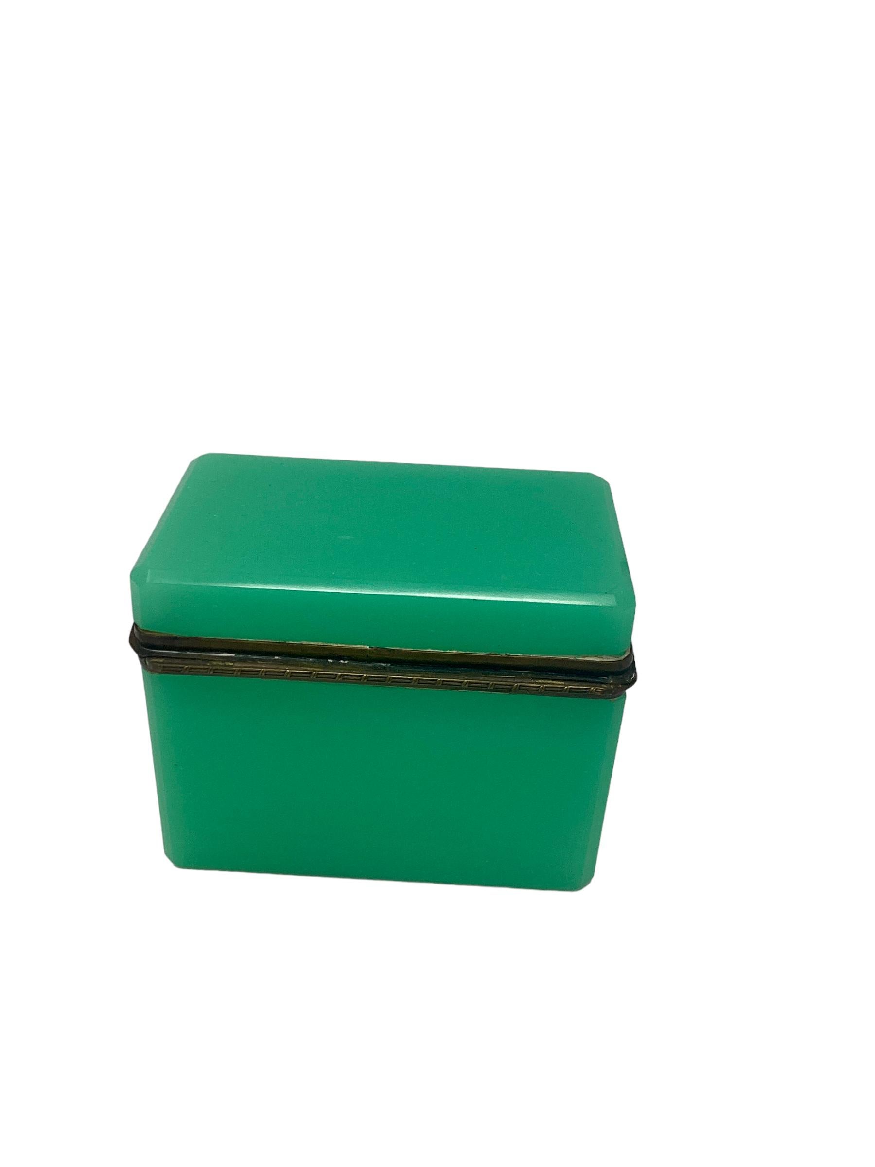 Brass 19th Century French Green Opaline Glass Box For Sale