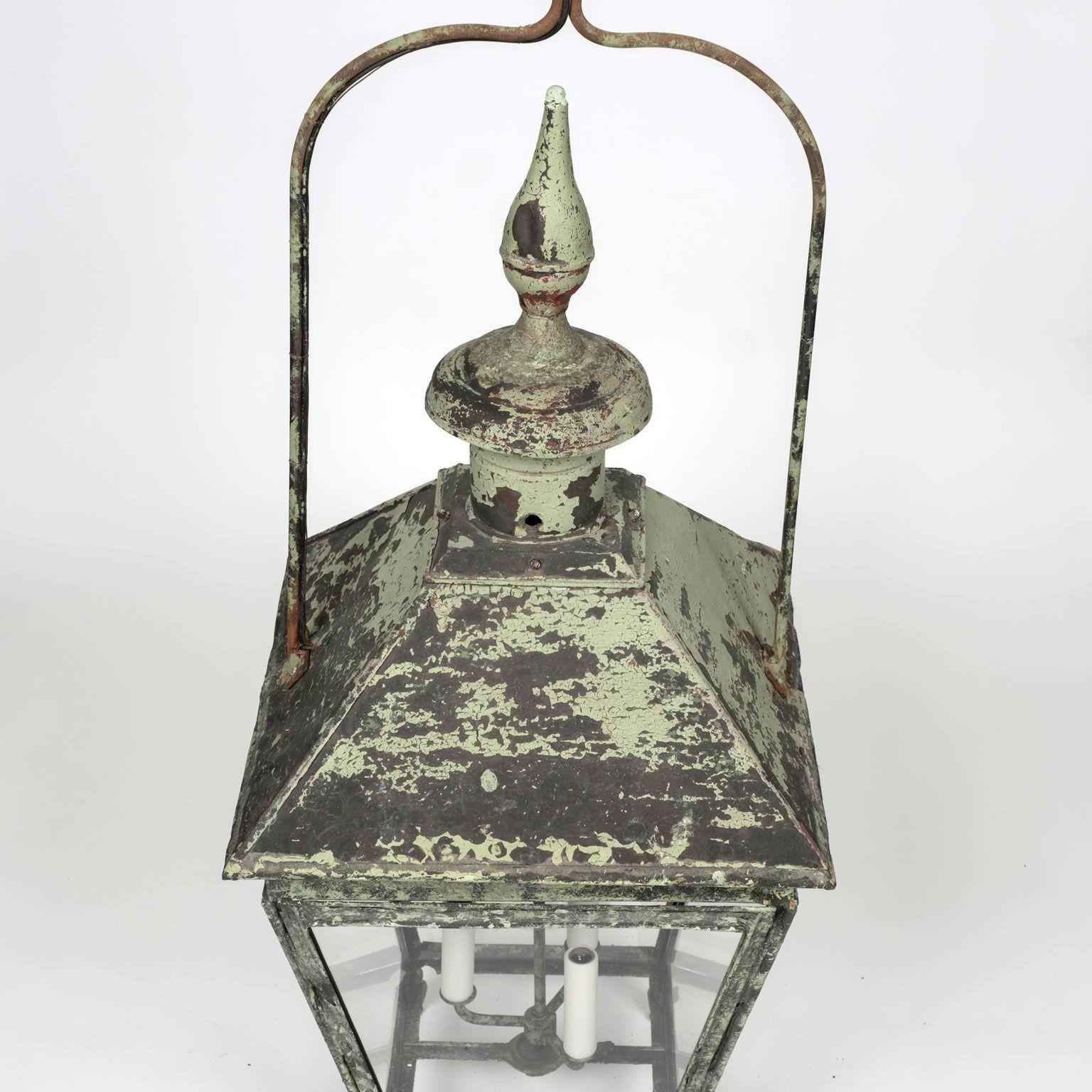 19th Century French Green-Painted Copper and Glass Paneled Lantern For Sale 5
