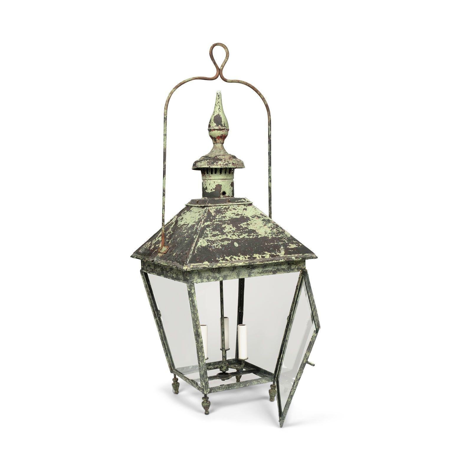 19th Century French Green-Painted Copper and Glass Paneled Lantern For Sale 6
