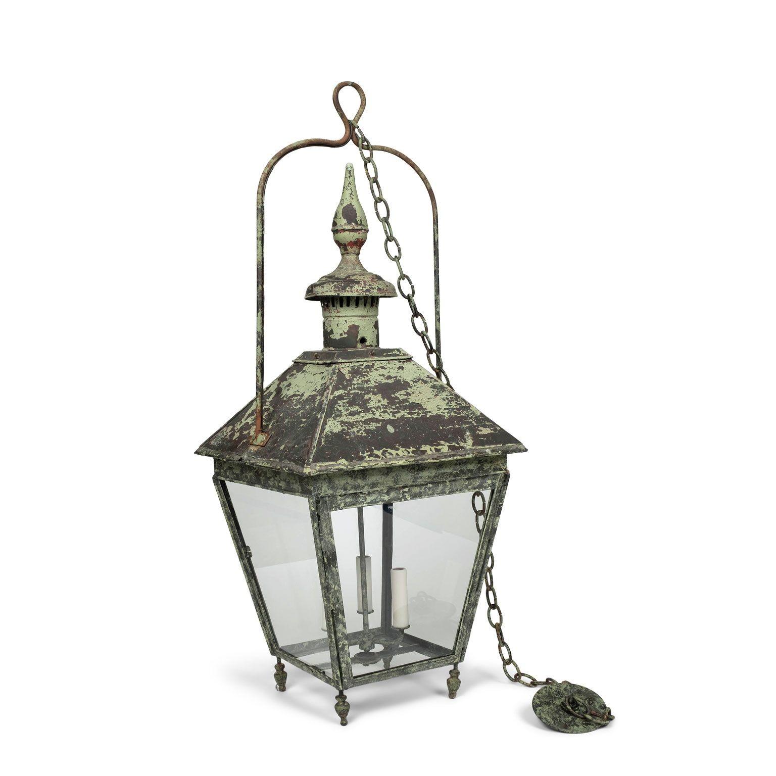 19th Century French Green-Painted Copper and Glass Paneled Lantern For Sale 8
