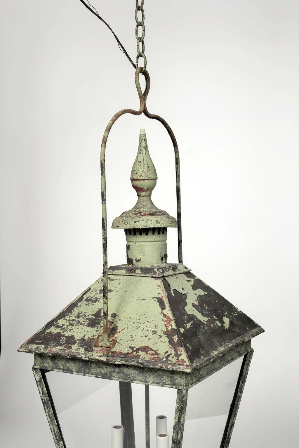 Hand-Crafted 19th Century French Green-Painted Copper and Glass Paneled Lantern For Sale
