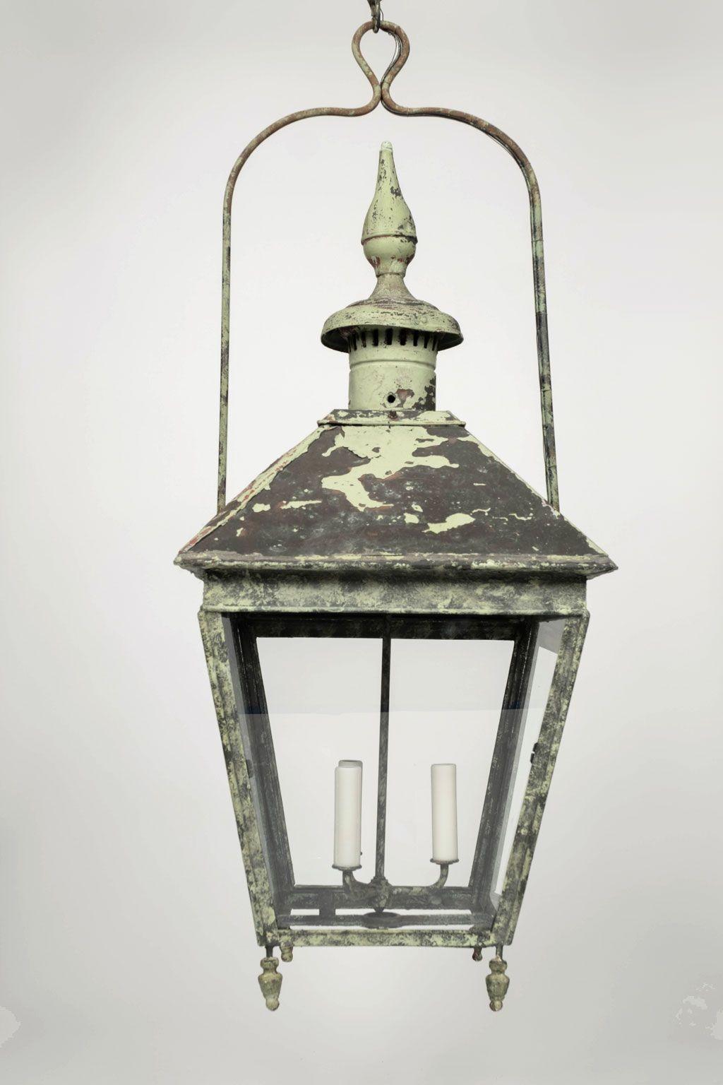 19th Century French Green-Painted Copper and Glass Paneled Lantern For Sale 2
