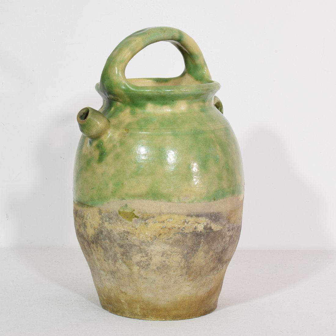 French Provincial 19th Century, French Green/ Yellow Glazed Earthenware Jug or Water Cruche