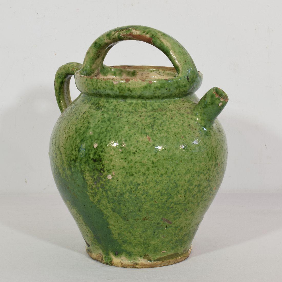 French Provincial 19th Century, French Green/ Yellow Glazed Earthenware Jug or Water Cruche For Sale