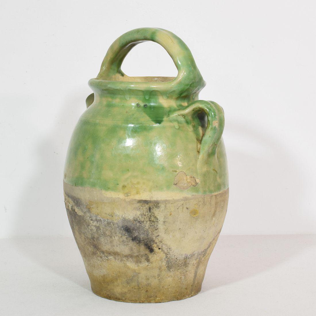 19th Century, French Green/ Yellow Glazed Earthenware Jug or Water Cruche 1