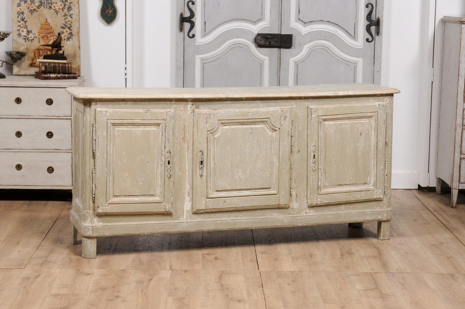 Carved 19th Century French Grey Beige Painted Three-Door Enfilade with Rustic Character
