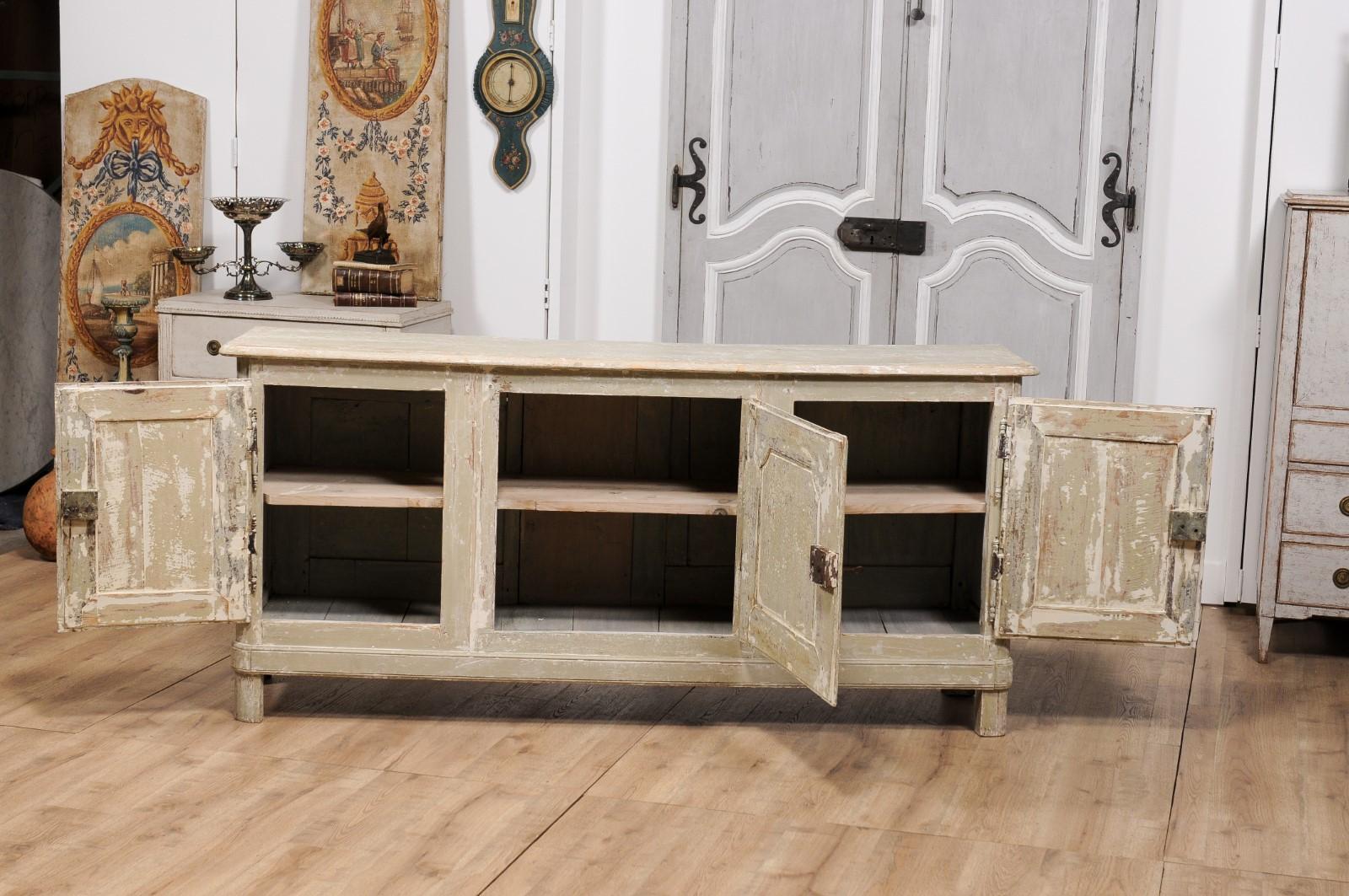 Wood 19th Century French Grey Beige Painted Three-Door Enfilade with Rustic Character