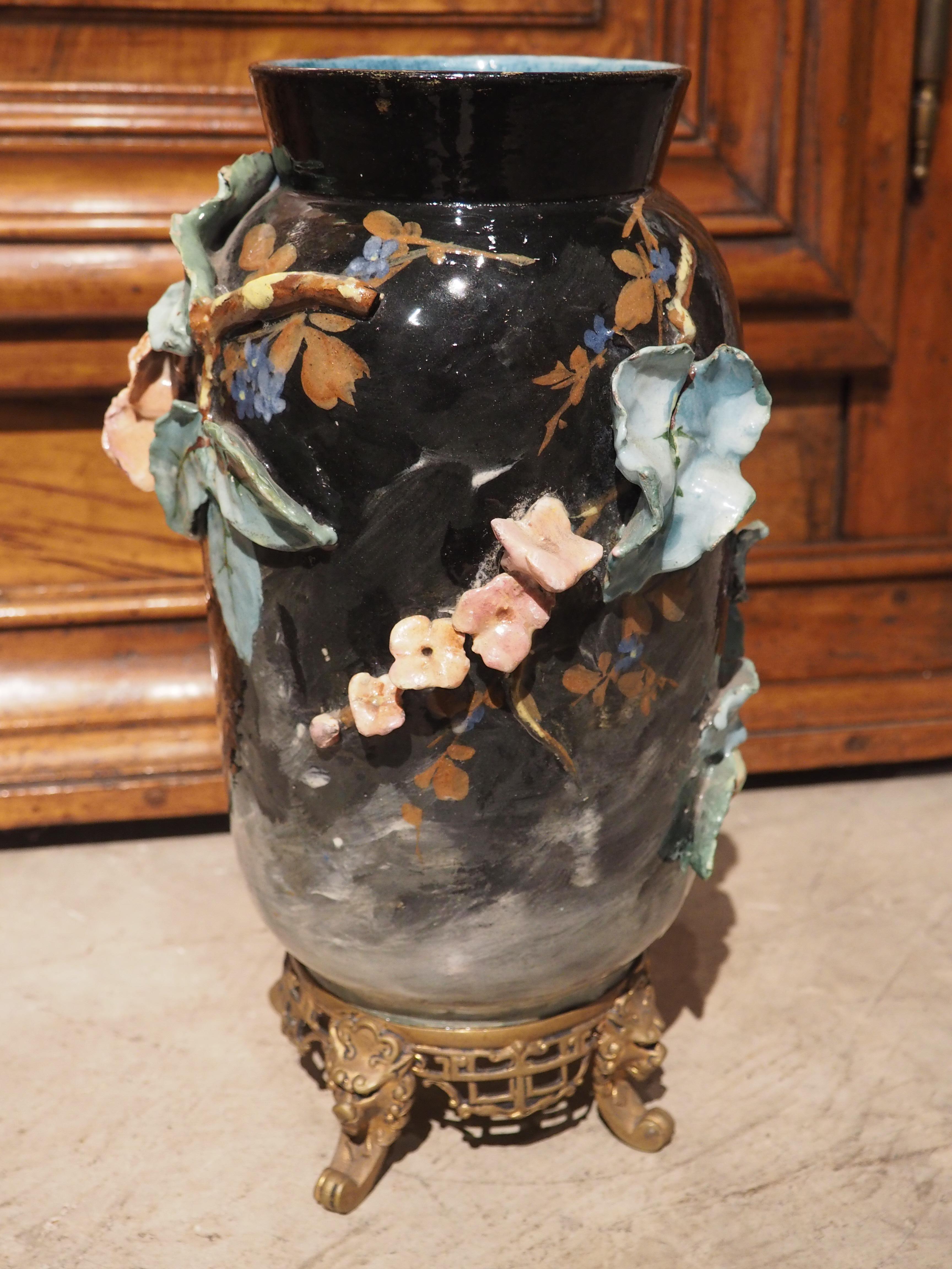 19th Century French Gros Relief Barbotine Vase by Edouard Gilles For Sale 1