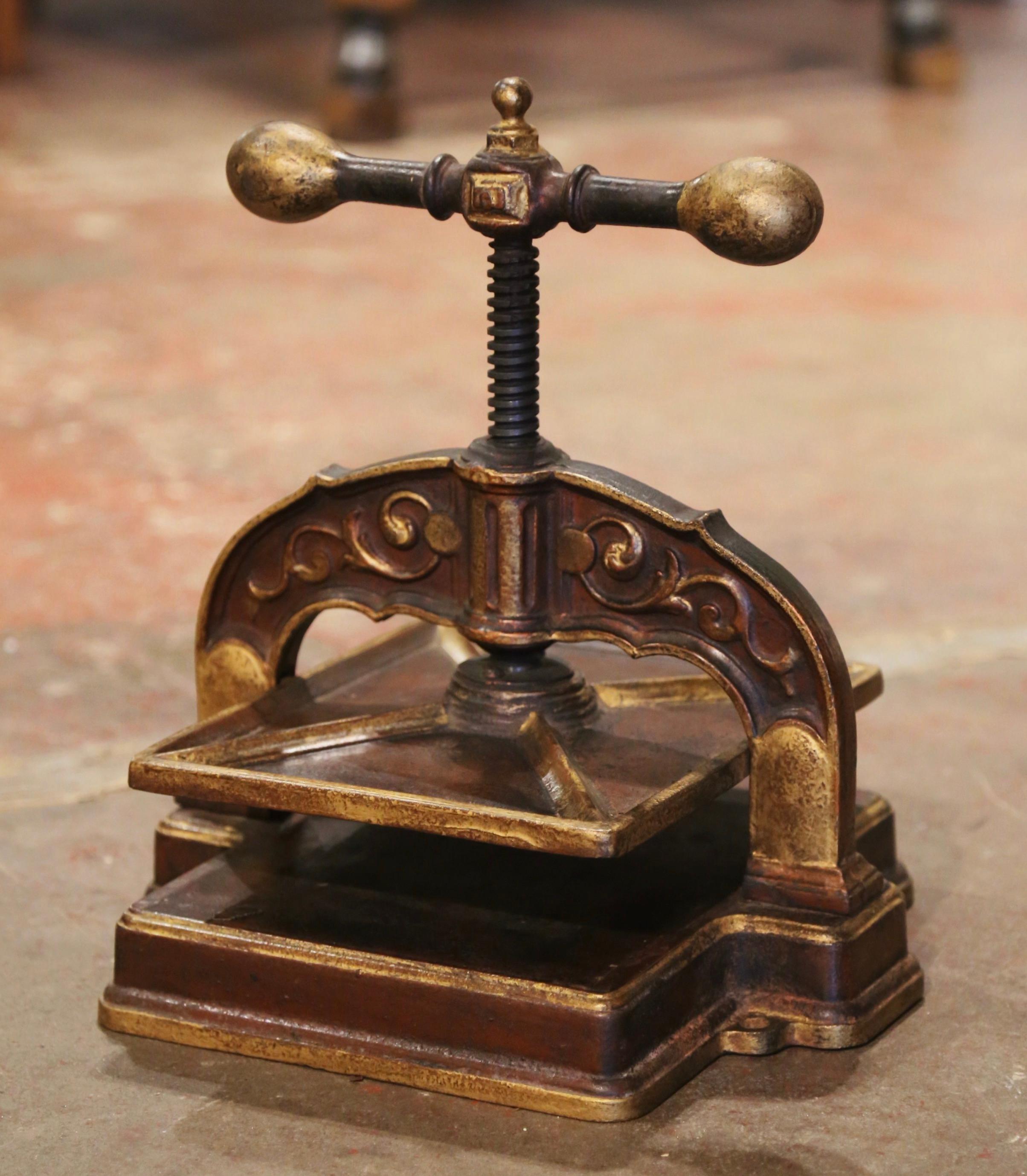 19th Century French Gun Barrel and Gilt Painted Wrought Iron Book Binding Press In Excellent Condition In Dallas, TX