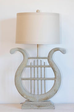 19th Century French Gustavian Lyre Table Lamp in Distressed Wood with Shade