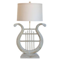 Antique 19th Century French Gustavian Lyre Table Lamp in Distressed Wood with Shade