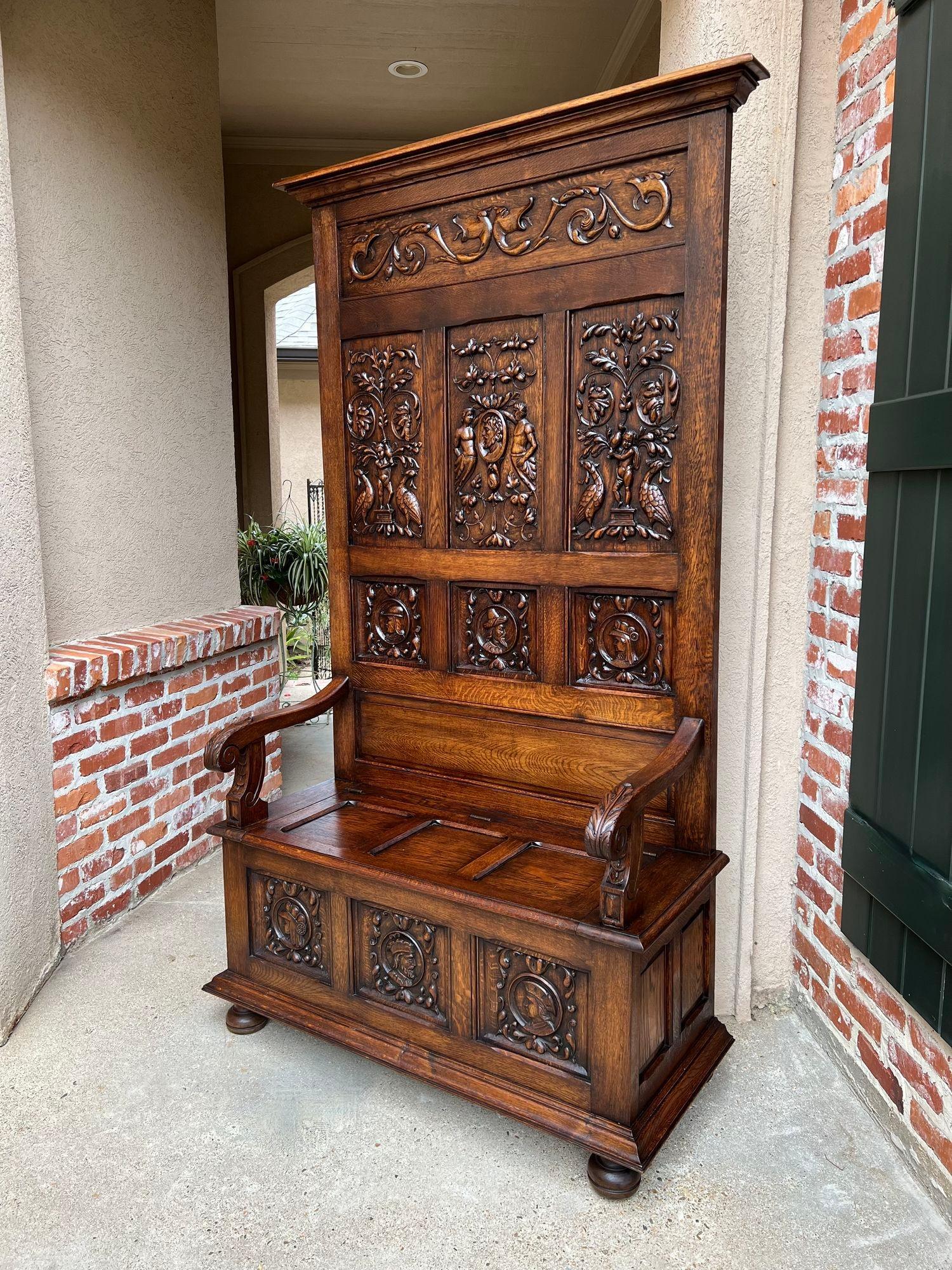 Hand-Carved 19th Century, French Hall Bench Settle Renaissance Carved Oak Breton Brittany For Sale
