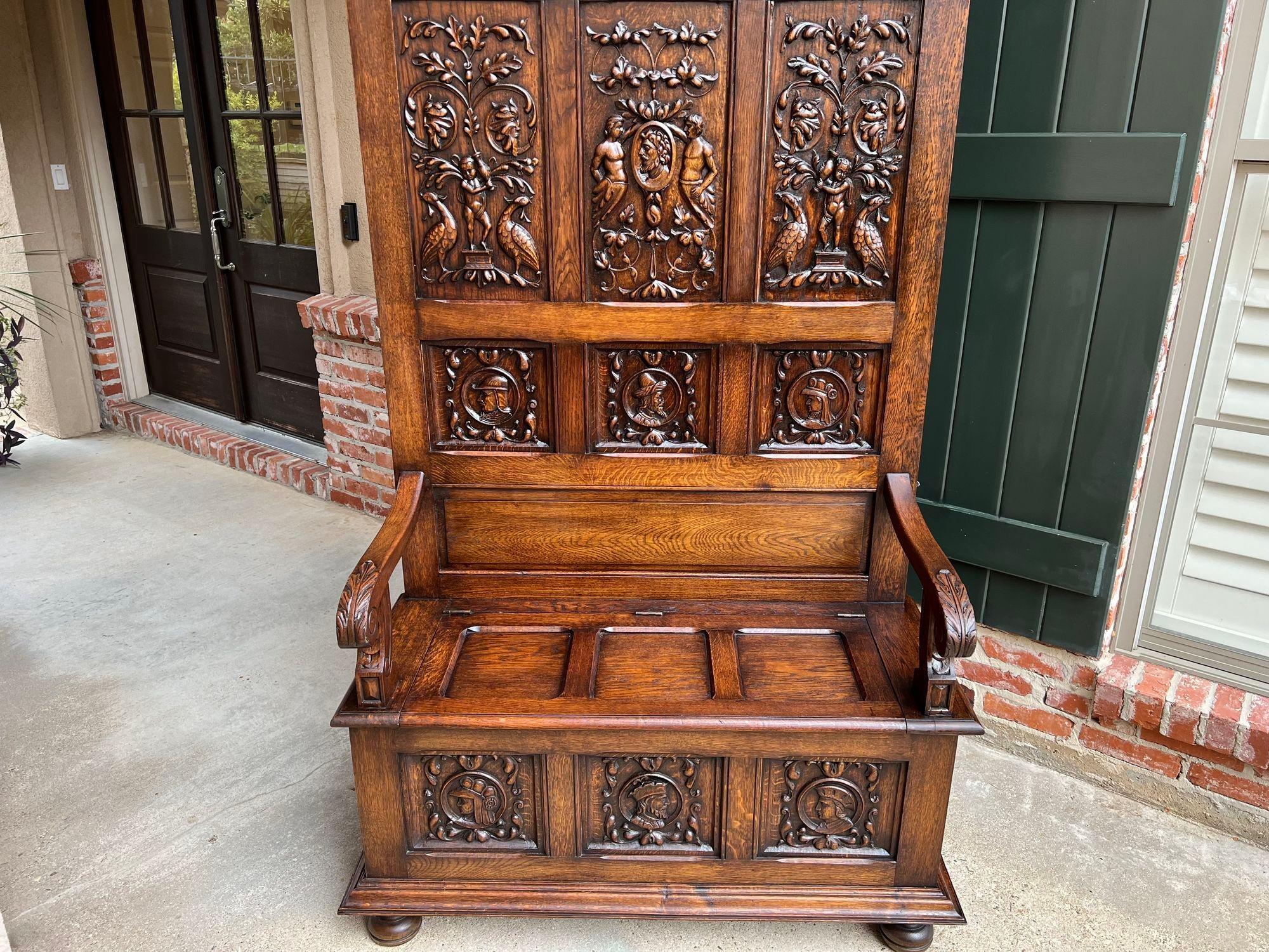 19th Century, French Hall Bench Settle Renaissance Carved Oak Breton Brittany For Sale 1