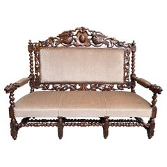 Antique 19th century French Hall Bench Sofa Barley Twist Carved Oak Black Forest Bird