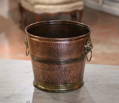 19th Century French Hammered Copper and Brass Circular Basket or Cache-Pot