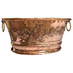 19th Century French Hammered Polished Copper Planter Jardinière Cachepot Brass