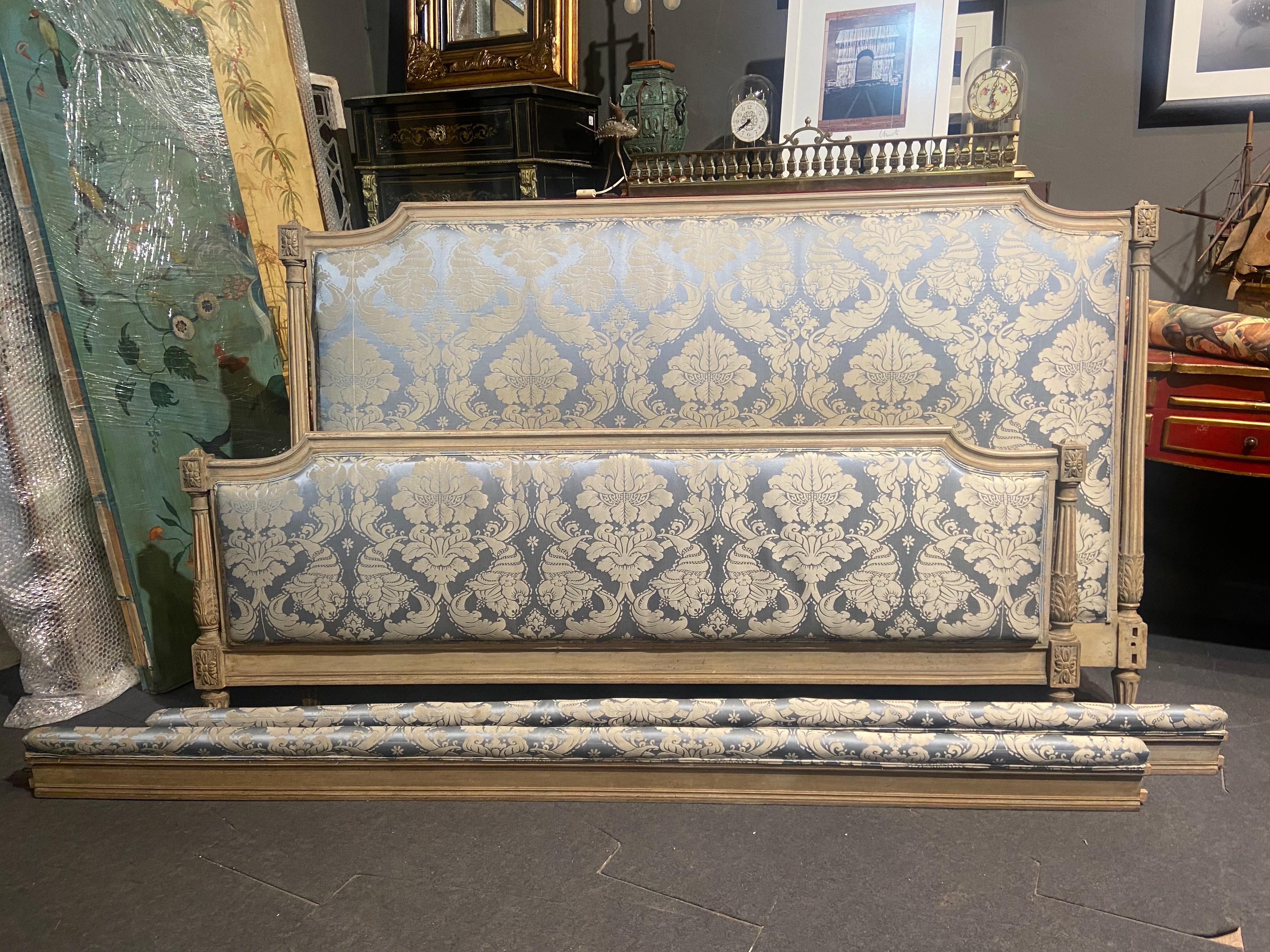 19th Century French Hand Carved and Hand Painted Bed Frame in Blue Silk