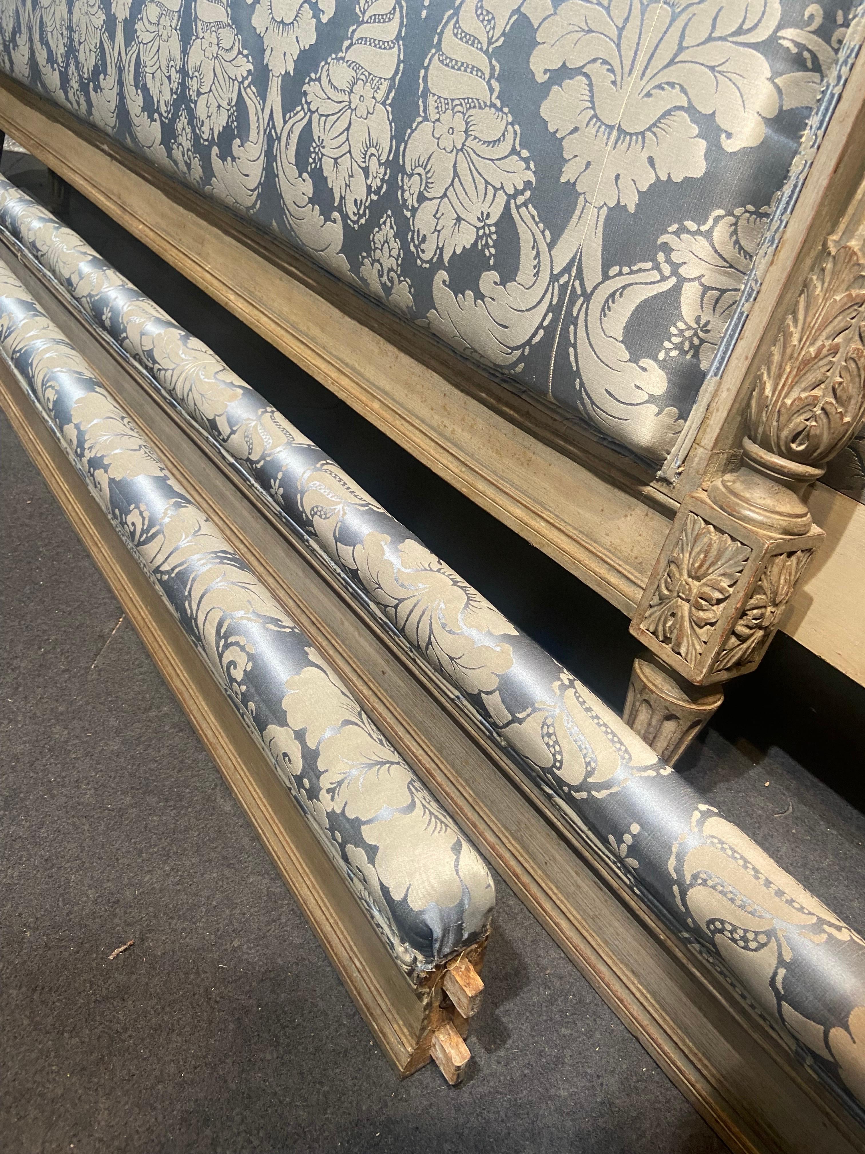 19th Century French Hand Carved and Hand Painted Bed Frame in Blue Silk