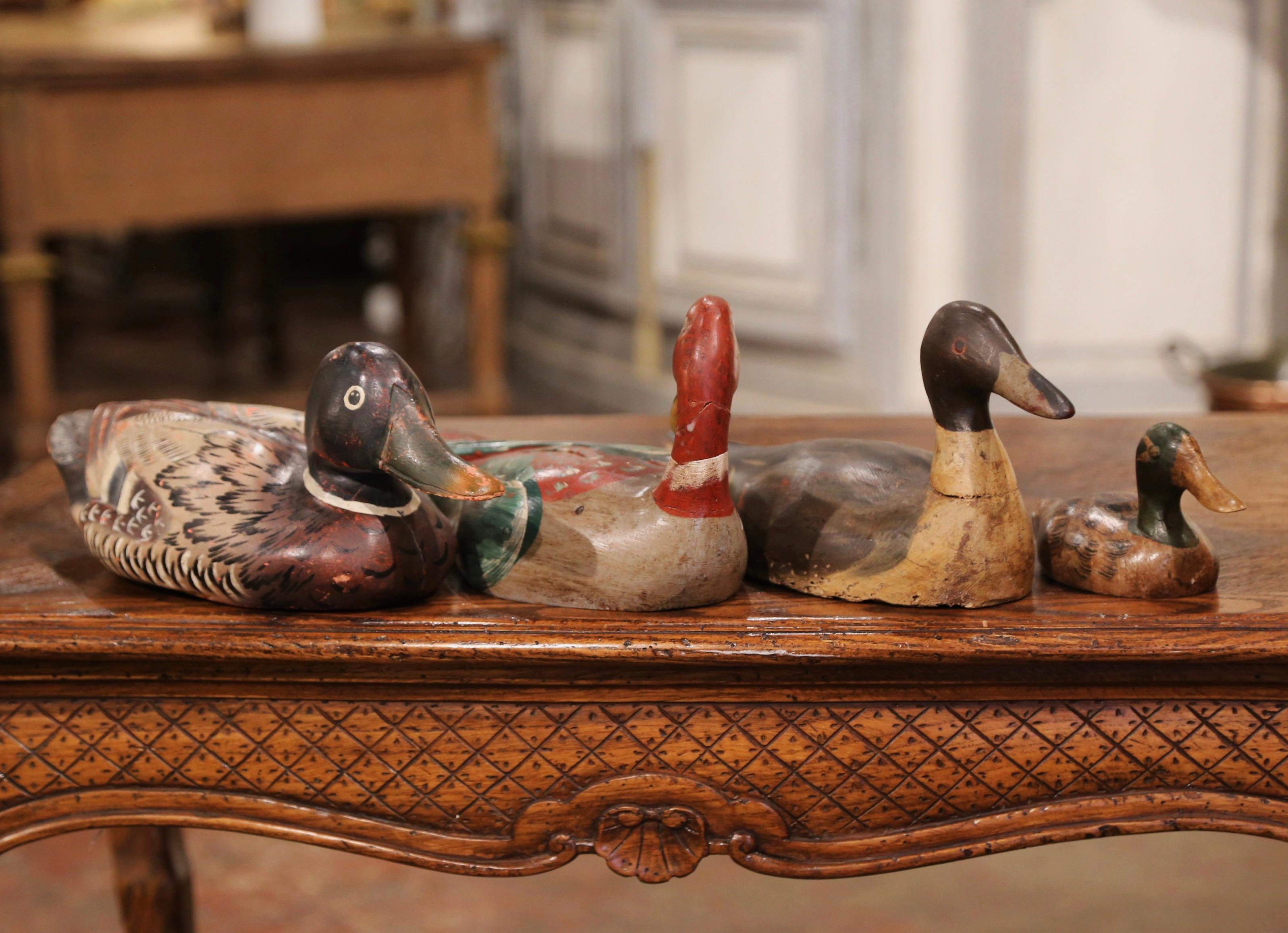Country 19th Century French Hand Carved and Hand Painted Duck Decoys, Set of Four