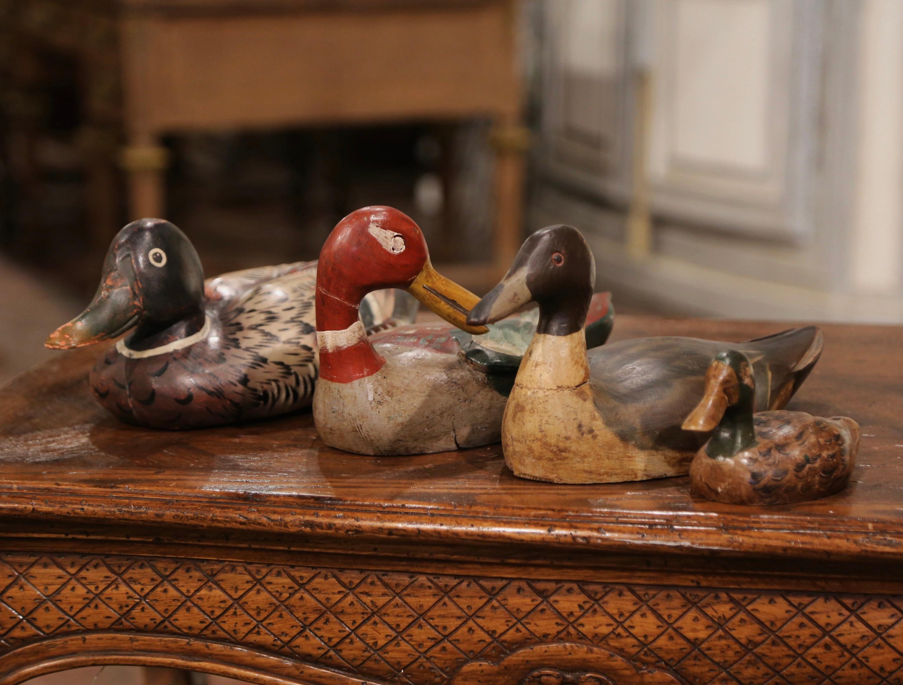 Hand-Painted 19th Century French Hand Carved and Hand Painted Duck Decoys, Set of Four