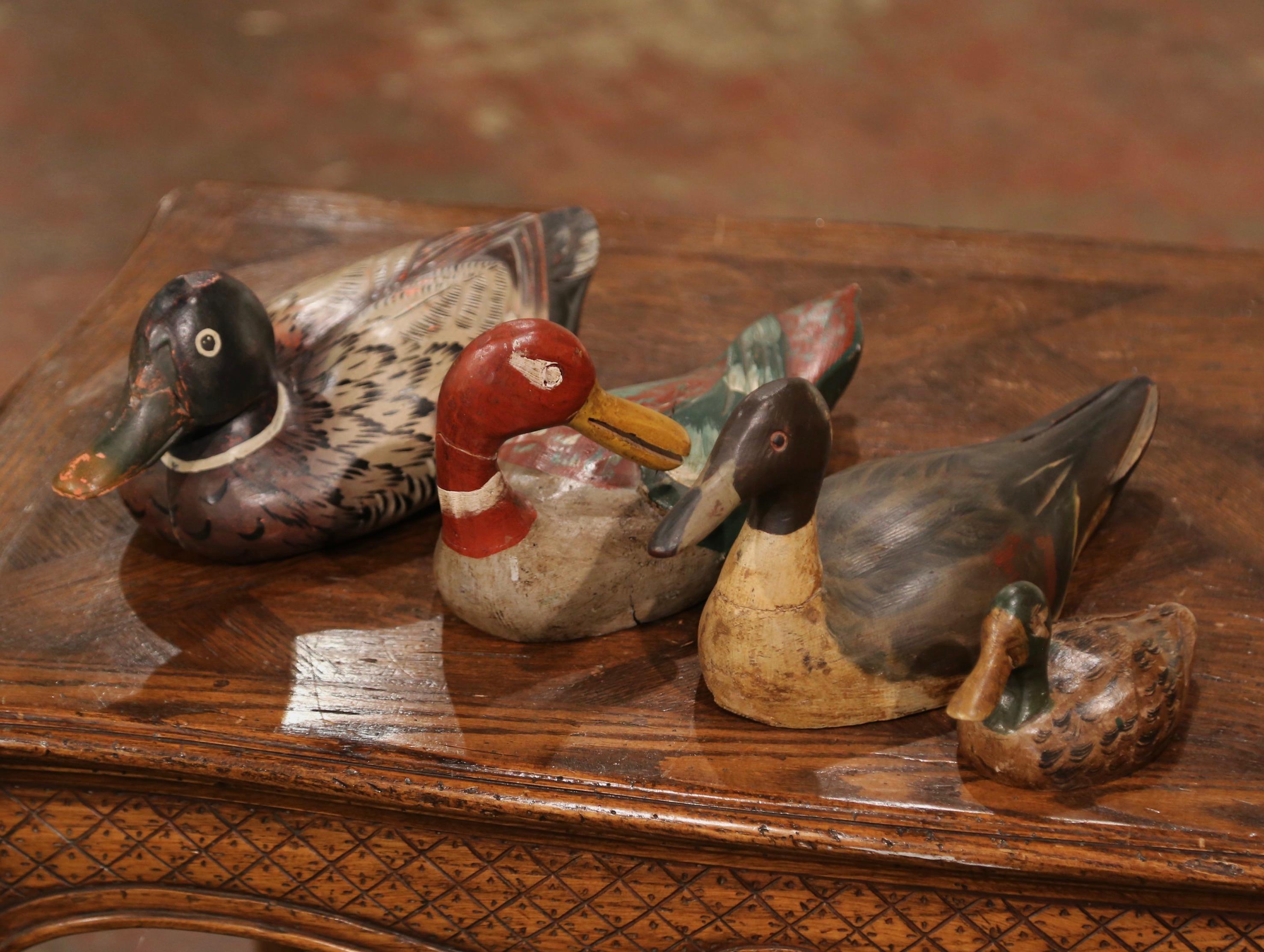 19th Century French Hand Carved and Hand Painted Duck Decoys, Set of Four In Excellent Condition In Dallas, TX