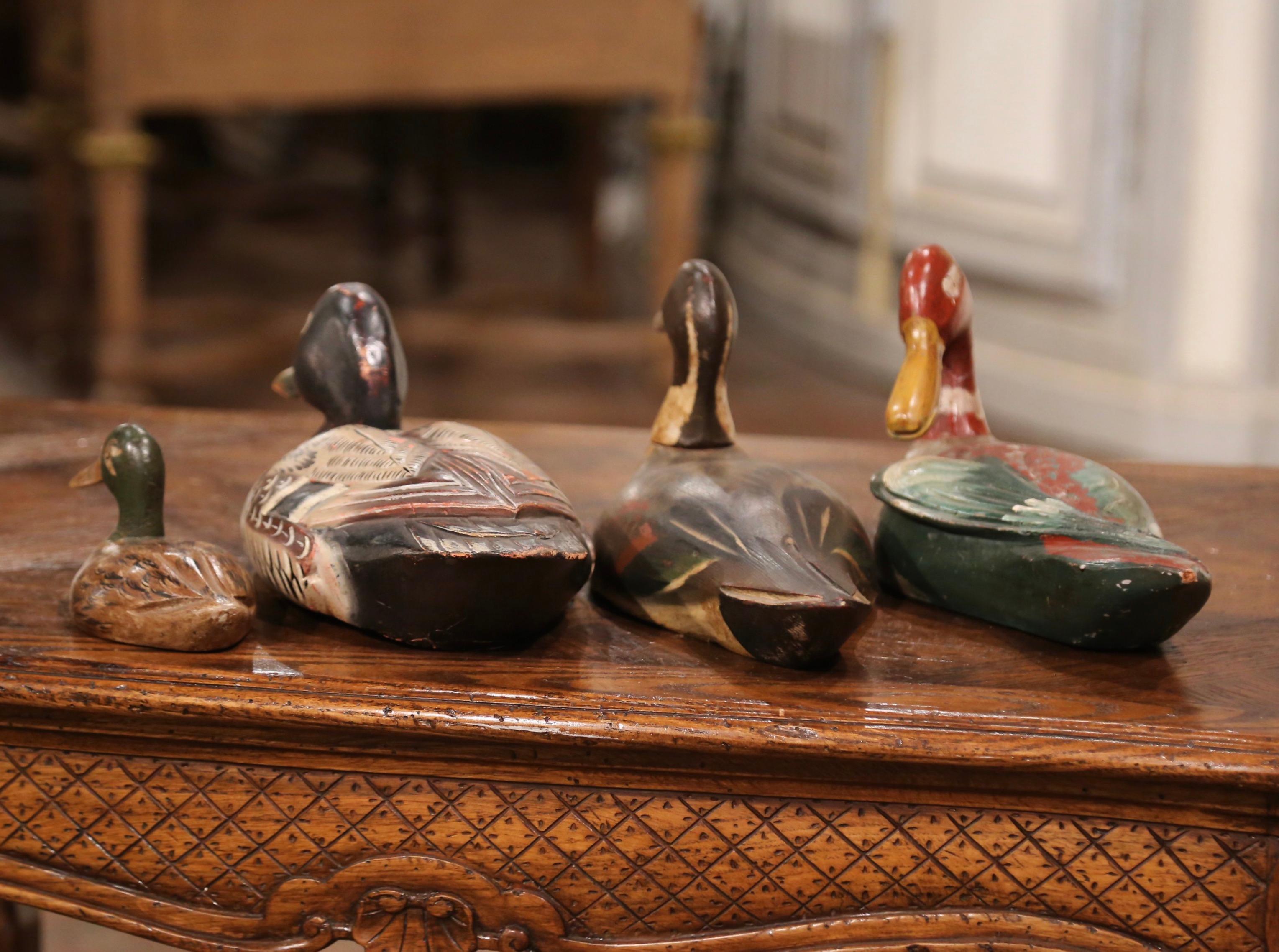 Wood 19th Century French Hand Carved and Hand Painted Duck Decoys, Set of Four