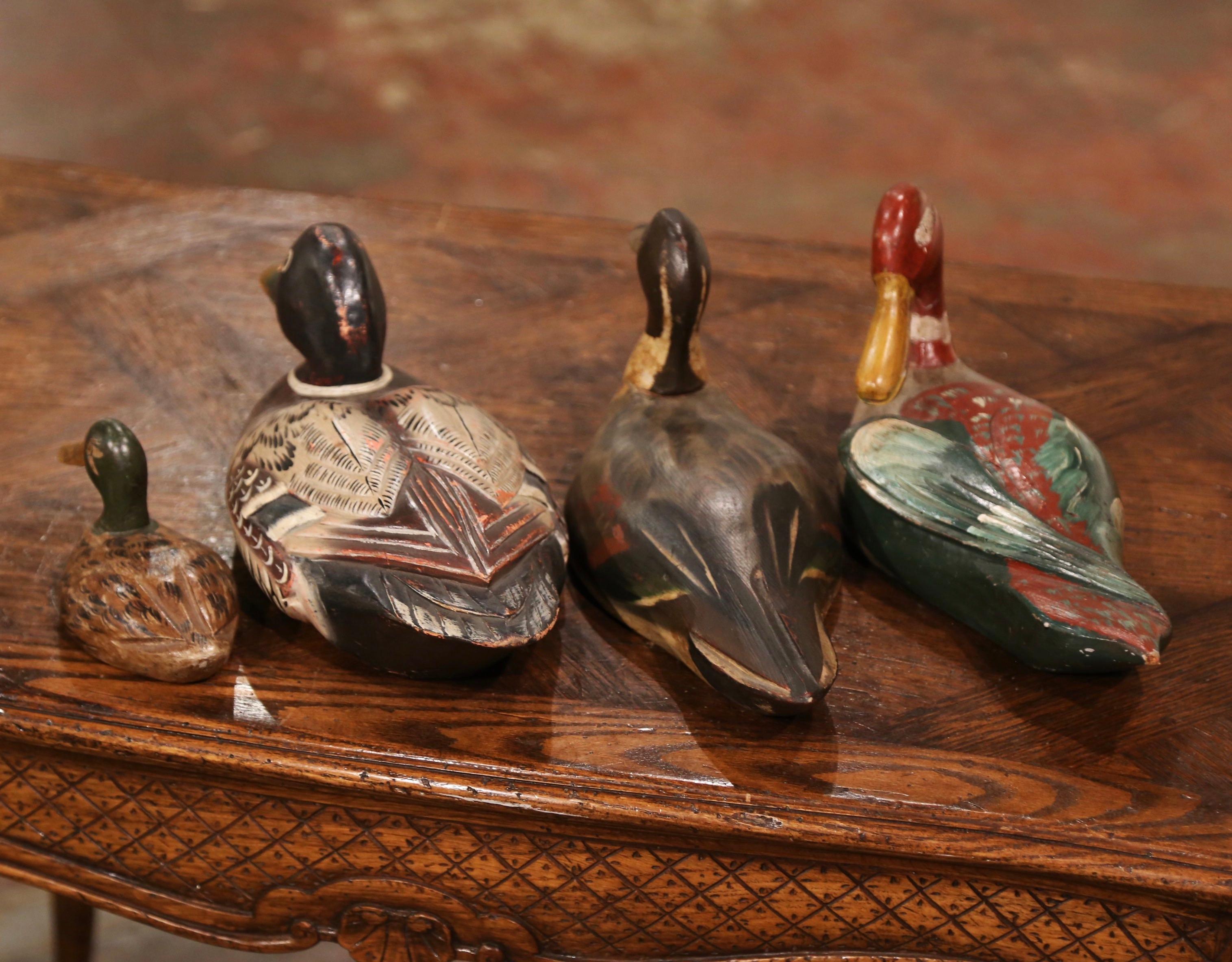 19th Century French Hand Carved and Hand Painted Duck Decoys, Set of Four 1