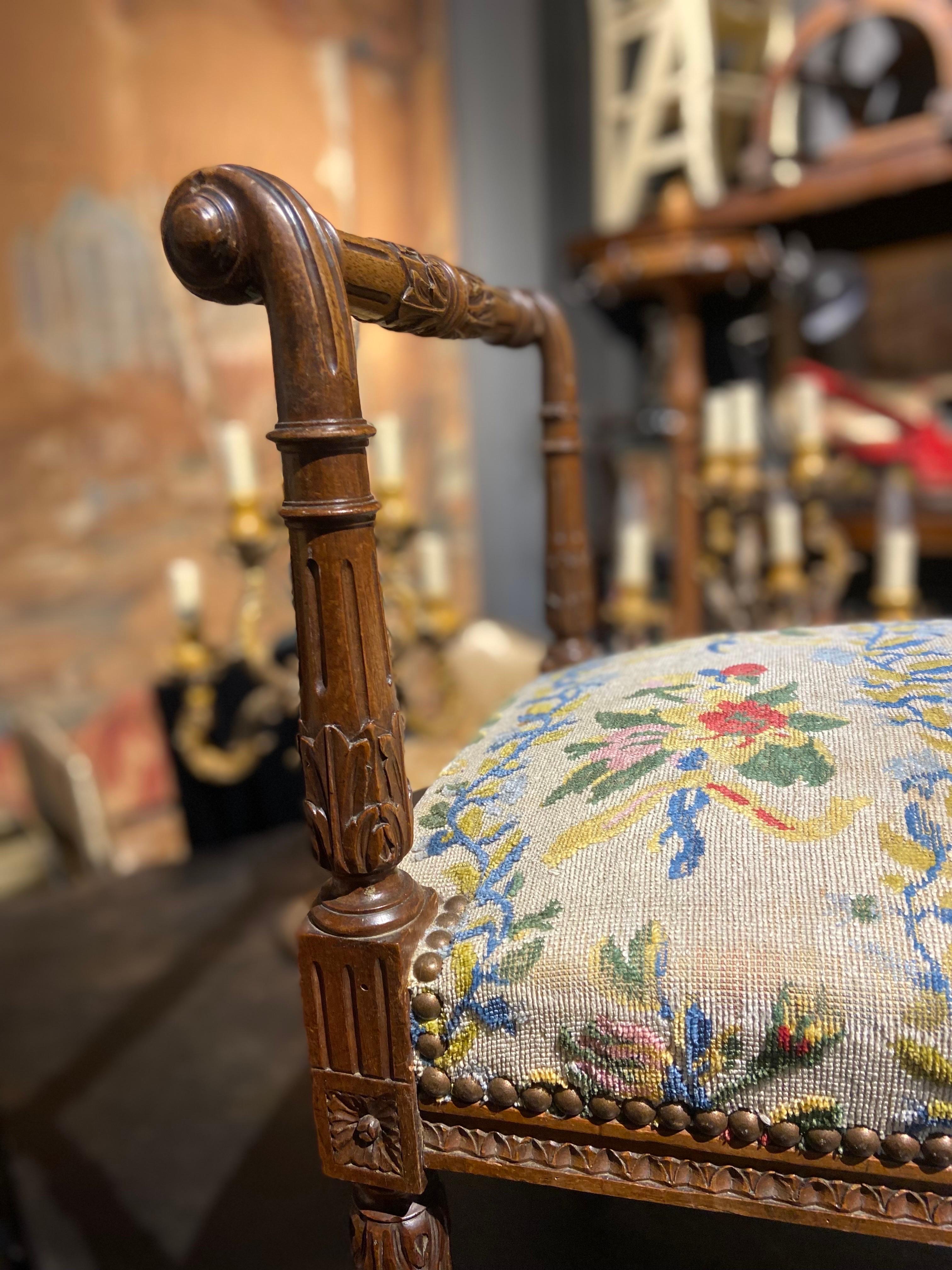 Hand-Carved 19th Century French Hand Carved and Molded Beech Stool with Tapestry Top For Sale