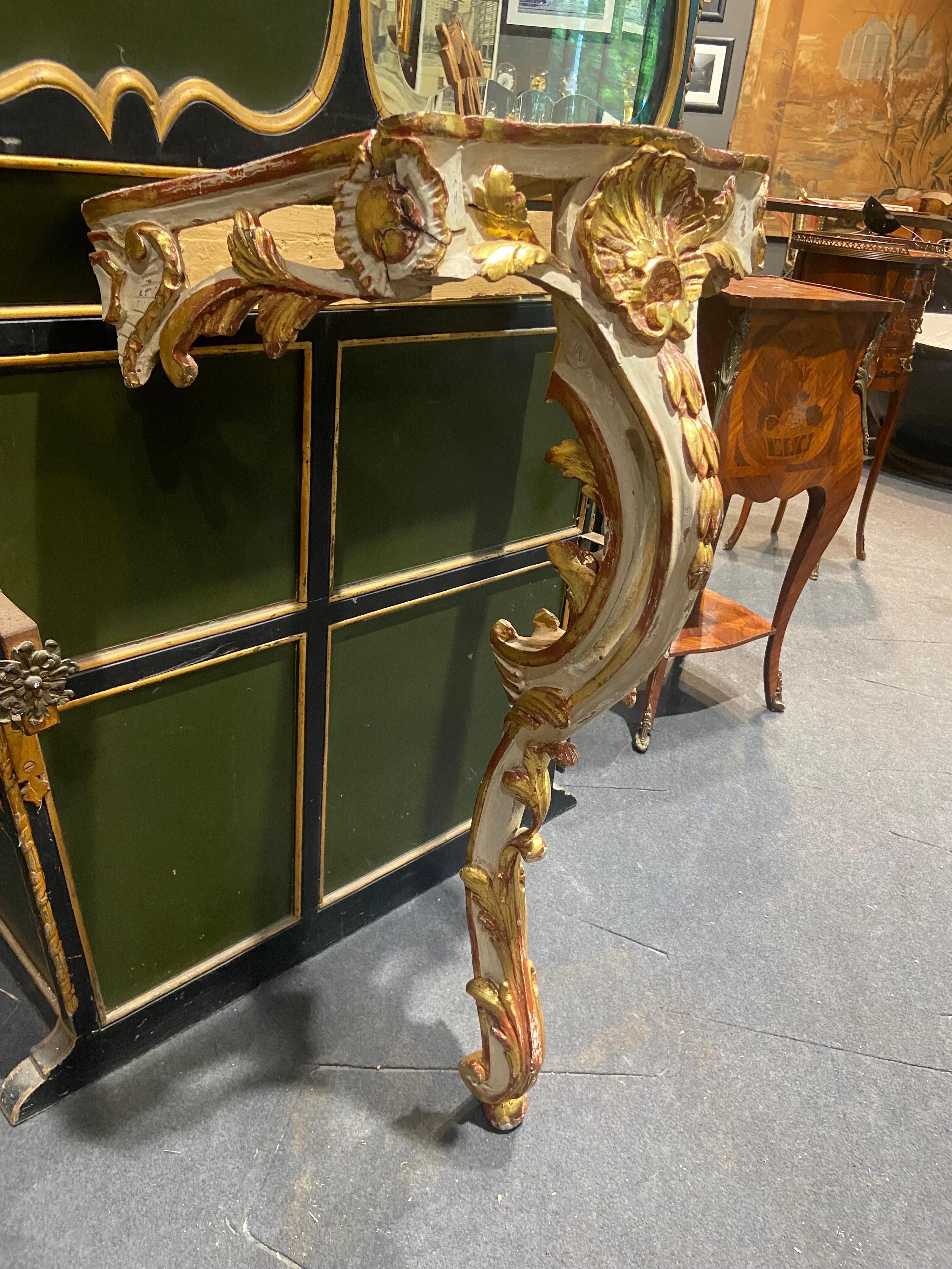 Walnut 19th Century French Hand Carved and Painted Console in Louis XV Style For Sale