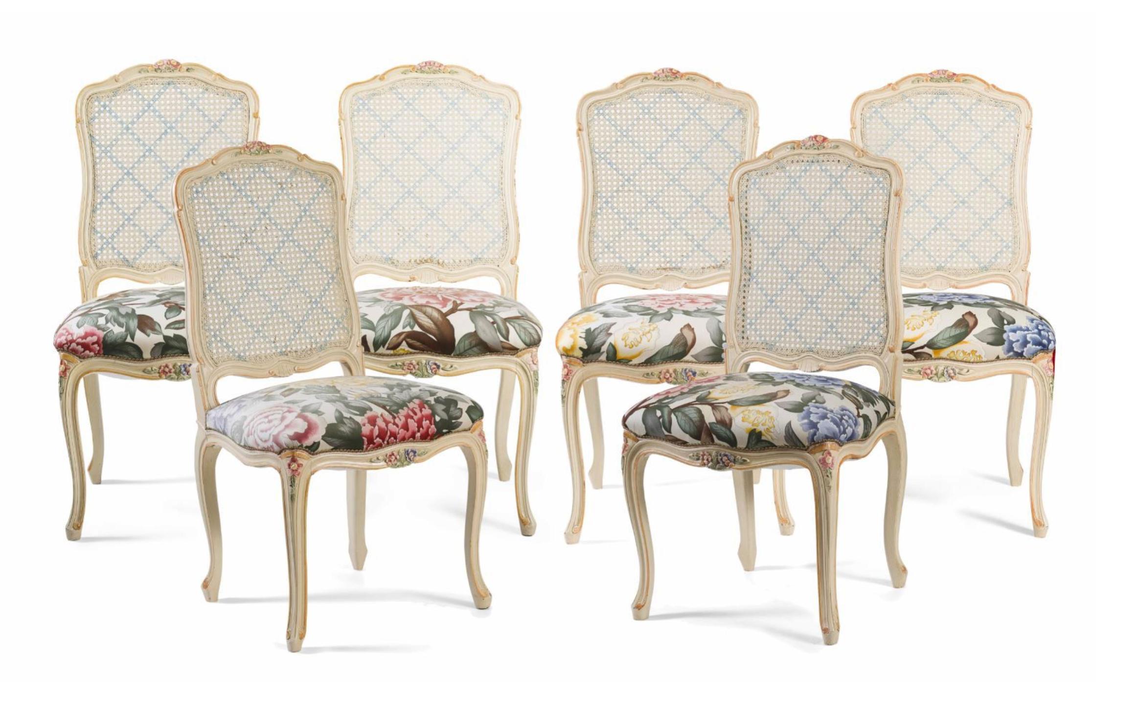 Six 19th century dining chairs in Louis XV style made of hand-painted wood with cane backs and upholstered very comfortable seat resting on elegantly shaped legs. 
Very good condition. Could be sold separately,
France, circa 1880.