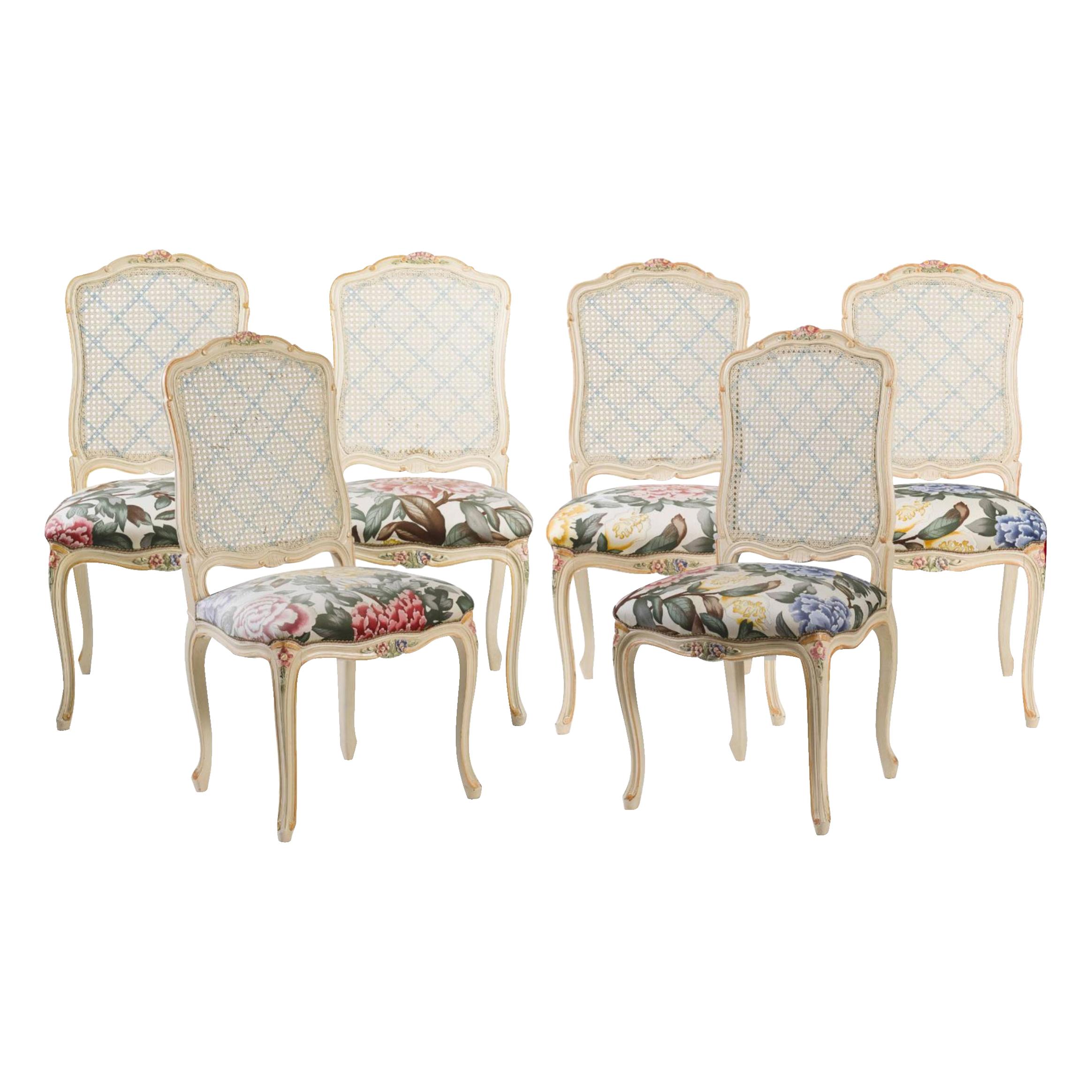 19th Century French Hand Carved and Painted Dining Chairs in Louis XV Style