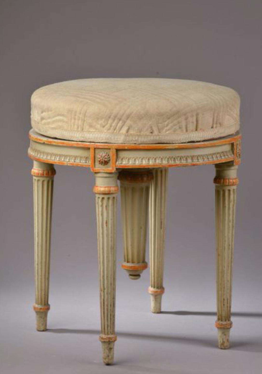 Antique French piano stool hand carved and hand painted in light green and orange.
Very stable piece with its original upholstery that may be adjusted to a different high.
France, circa 1850
Louis XVI style.