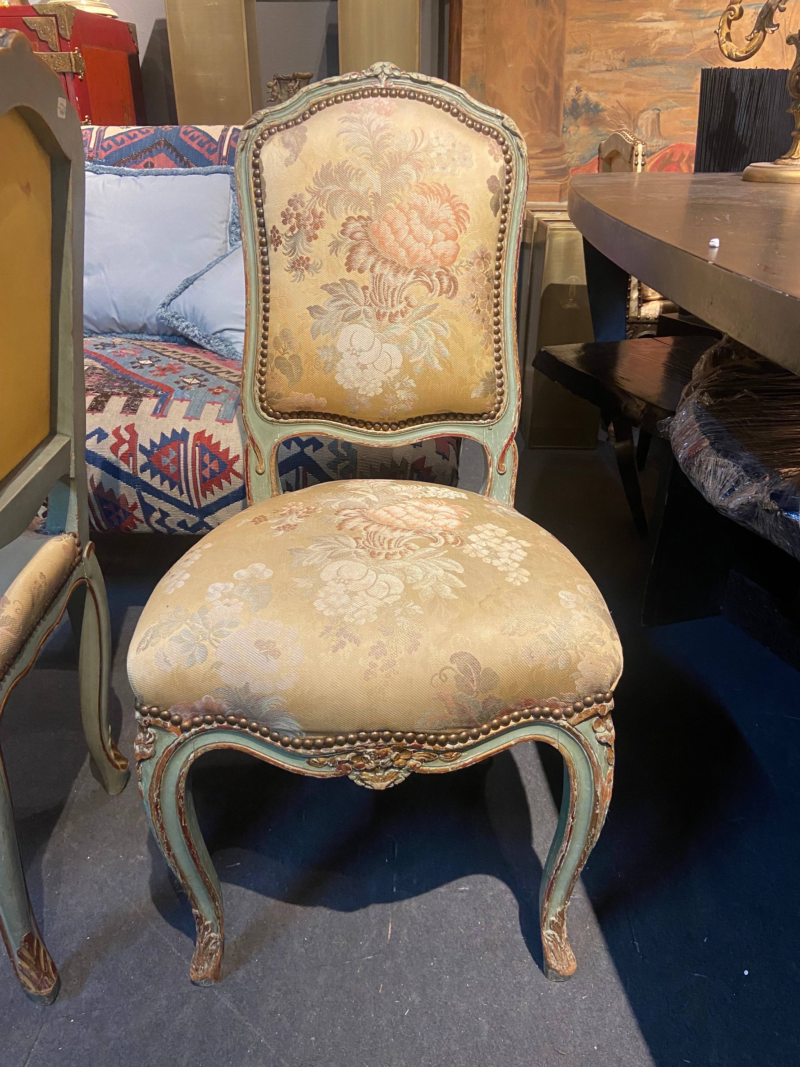 Hand-Painted 19th Century French Hand Carved and Painted side Chairs in Louis XV Style For Sale