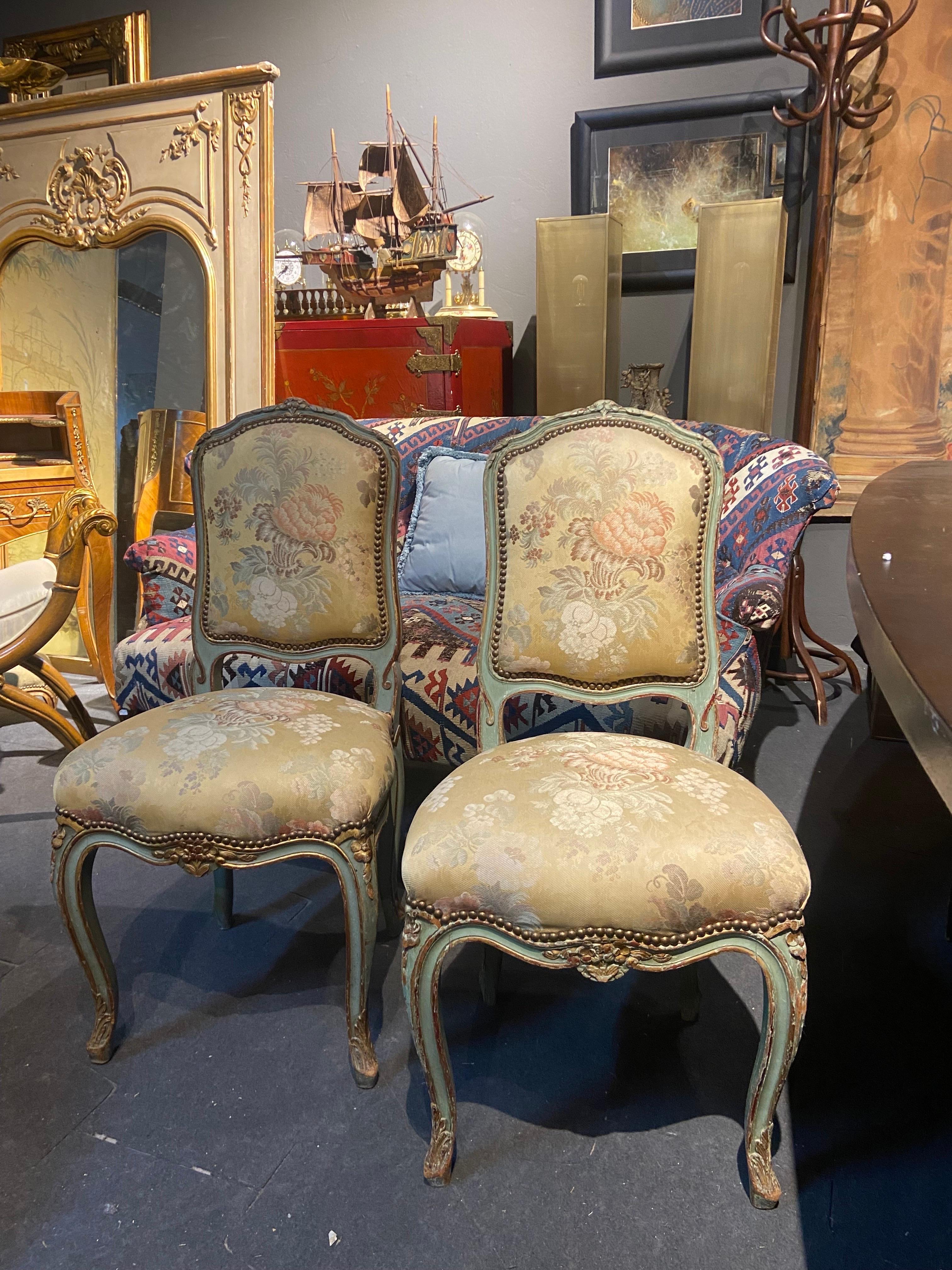 19th Century French Hand Carved and Painted side Chairs in Louis XV Style For Sale 1