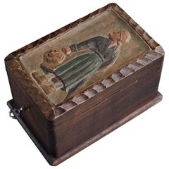 19th Century French Hand Carved and Painted Wooden Box with Key
