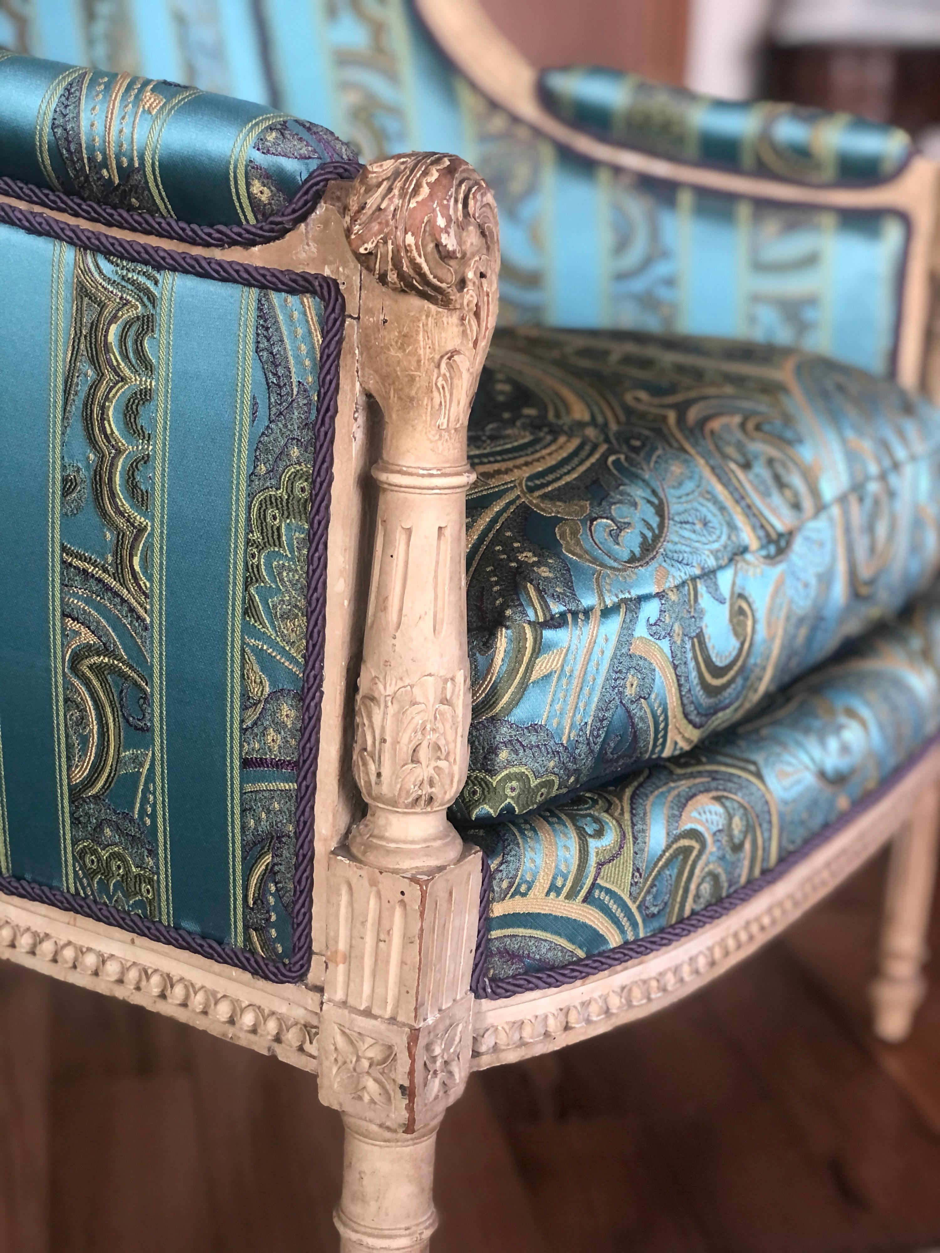 Wood 19th Century French Hand Carved Bergere Chairs - Armchairs in Louis XVI Style For Sale