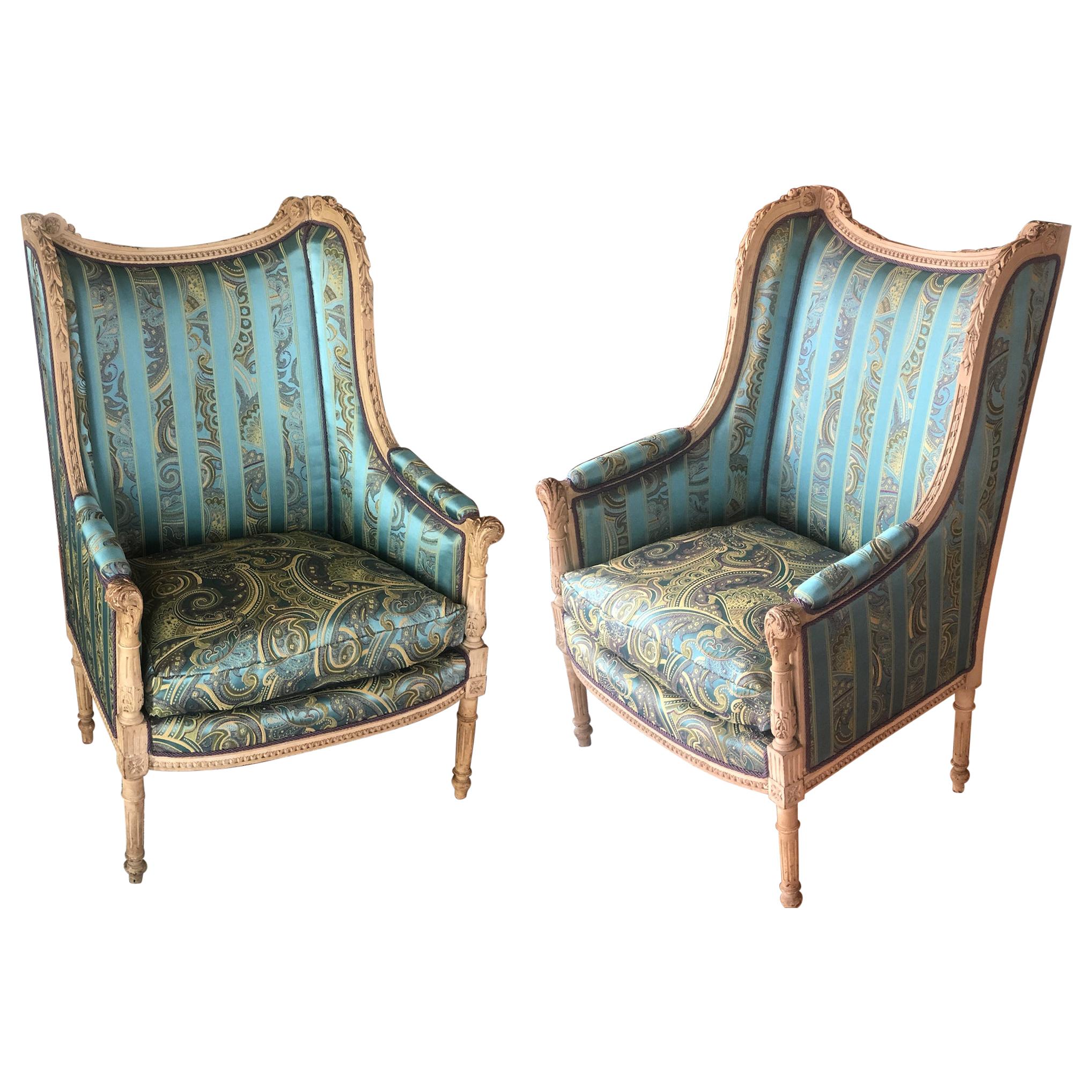 19th Century French Hand Carved Bergere Chairs - Armchairs in Louis XVI Style