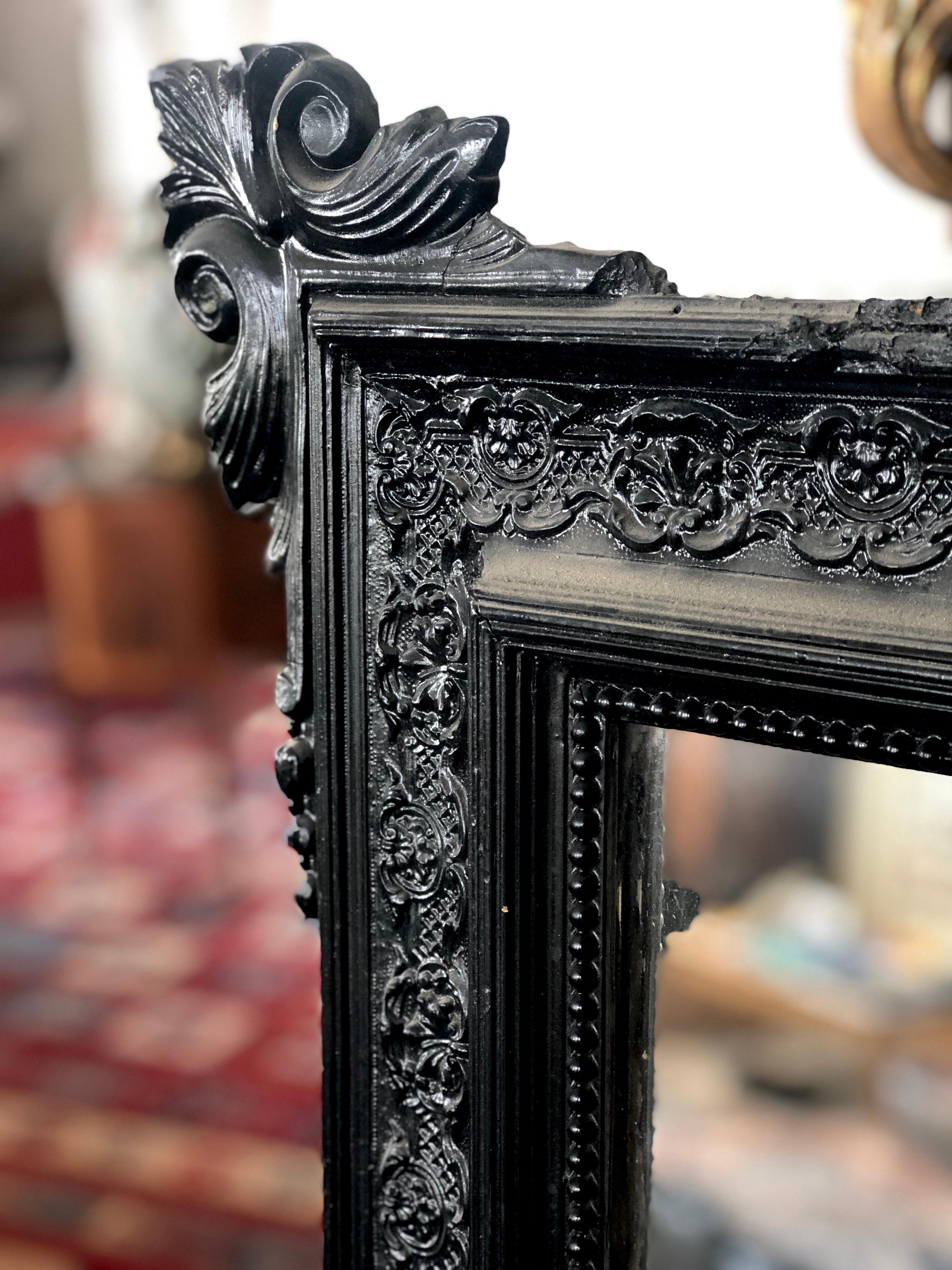 19th Century French Hand Carved Black Walnut Mirror with Original Crystal Glass 3