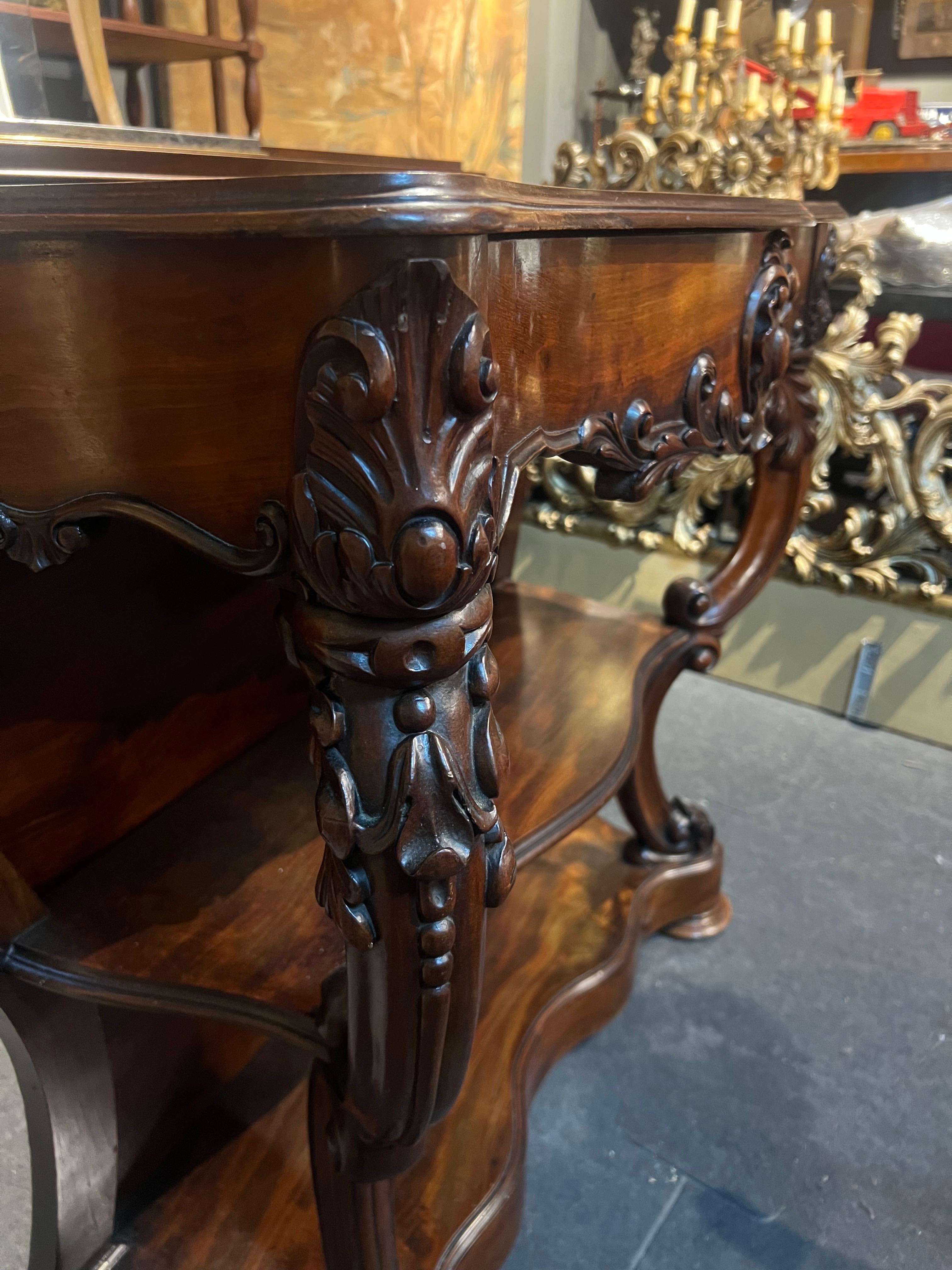 Hand-Carved 19th Century French Hand Carved Dark Walnut Console Table in Louis XV Style  For Sale