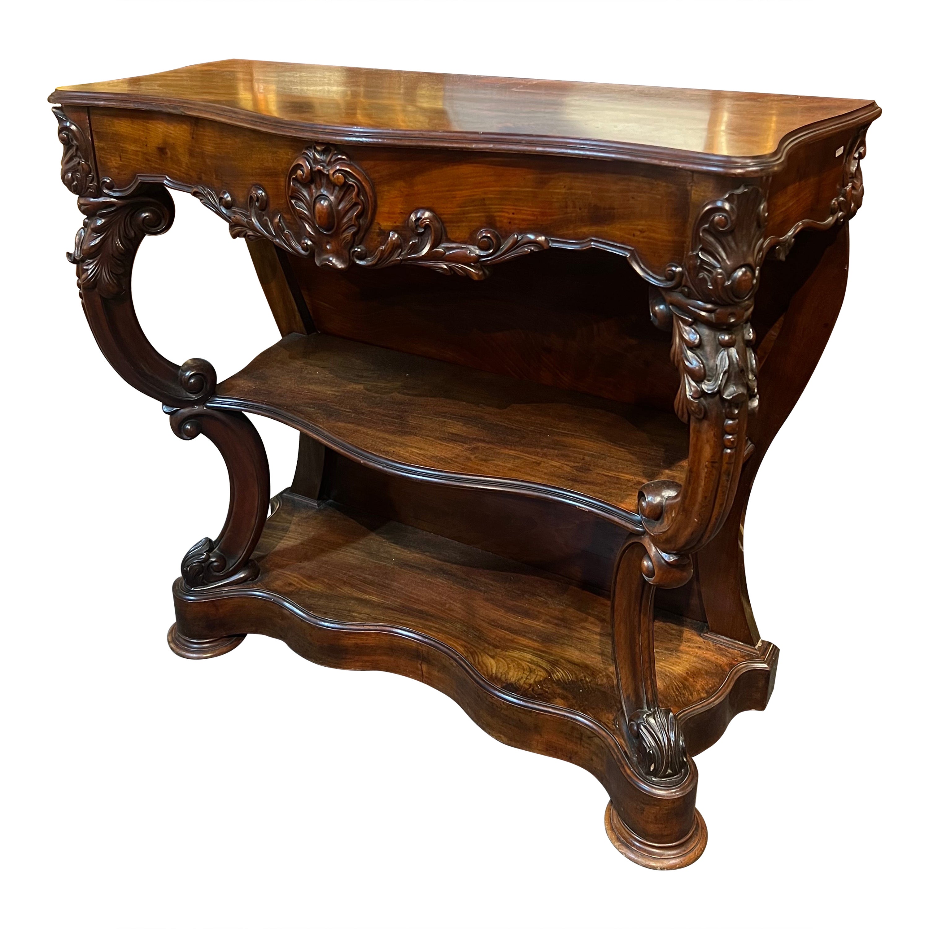 19th Century French Hand Carved Dark Walnut Console Table in Louis XV Style