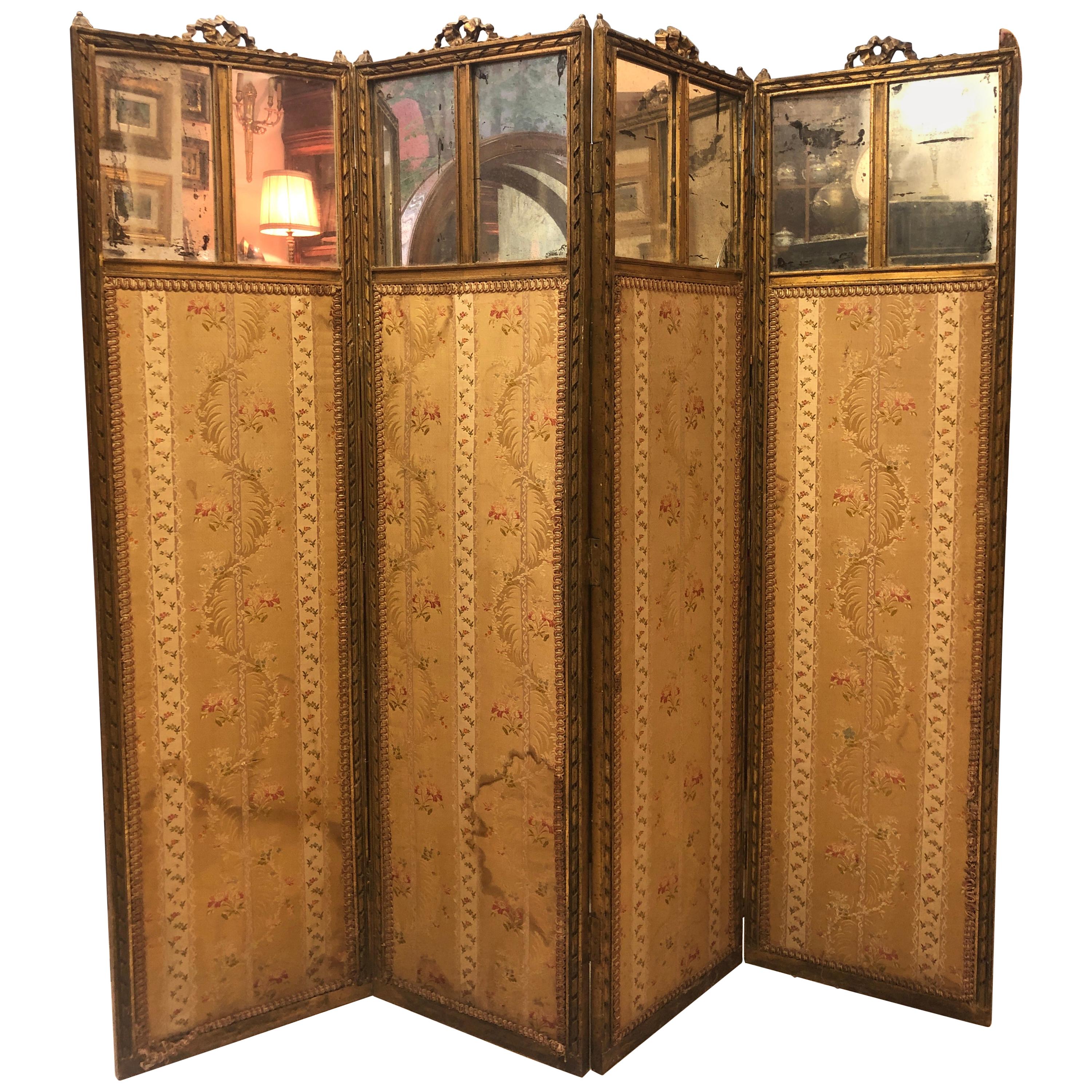 19th Century French Hand Carved Gilded Four Leaves Folding Screen For Sale