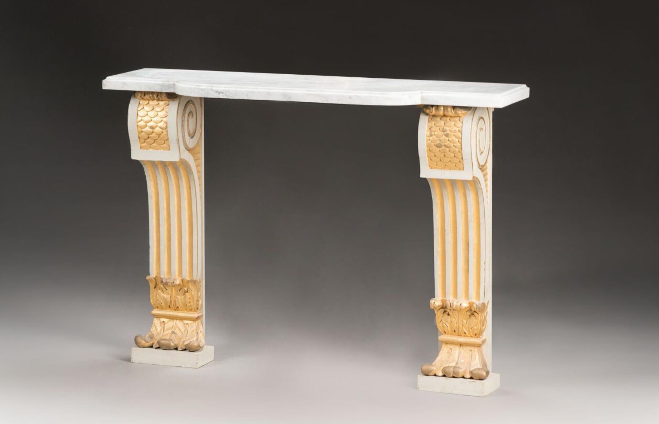 19th Century French hand carved gilt wood console table in Louis XVI Style with lovely white marble top raised on hand painted base. Very good authentic condition with no restorations made.
France, circa 1890