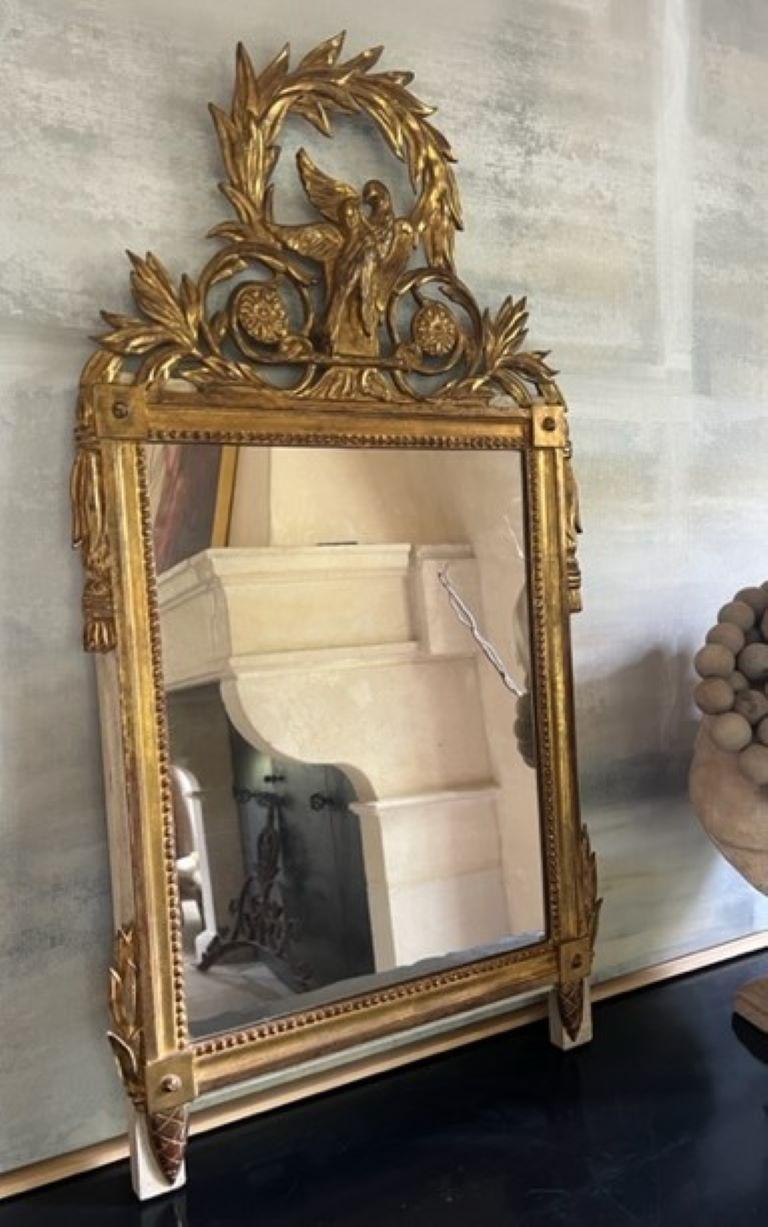 19th Century Louis XVI style French parcel-giltwood bridal mirror from Provence. Nice hand carved crest with a pair of lovebirds, scrolling leaves and laurel wreath.